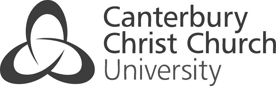 Black and grey logo of Canterbury Christ Church University featuring a stylized triquetra symbol and the university's name.