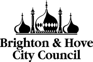A black logo saying Brighton and Hove Council with a black silhouette of the Brighton Pavilion.