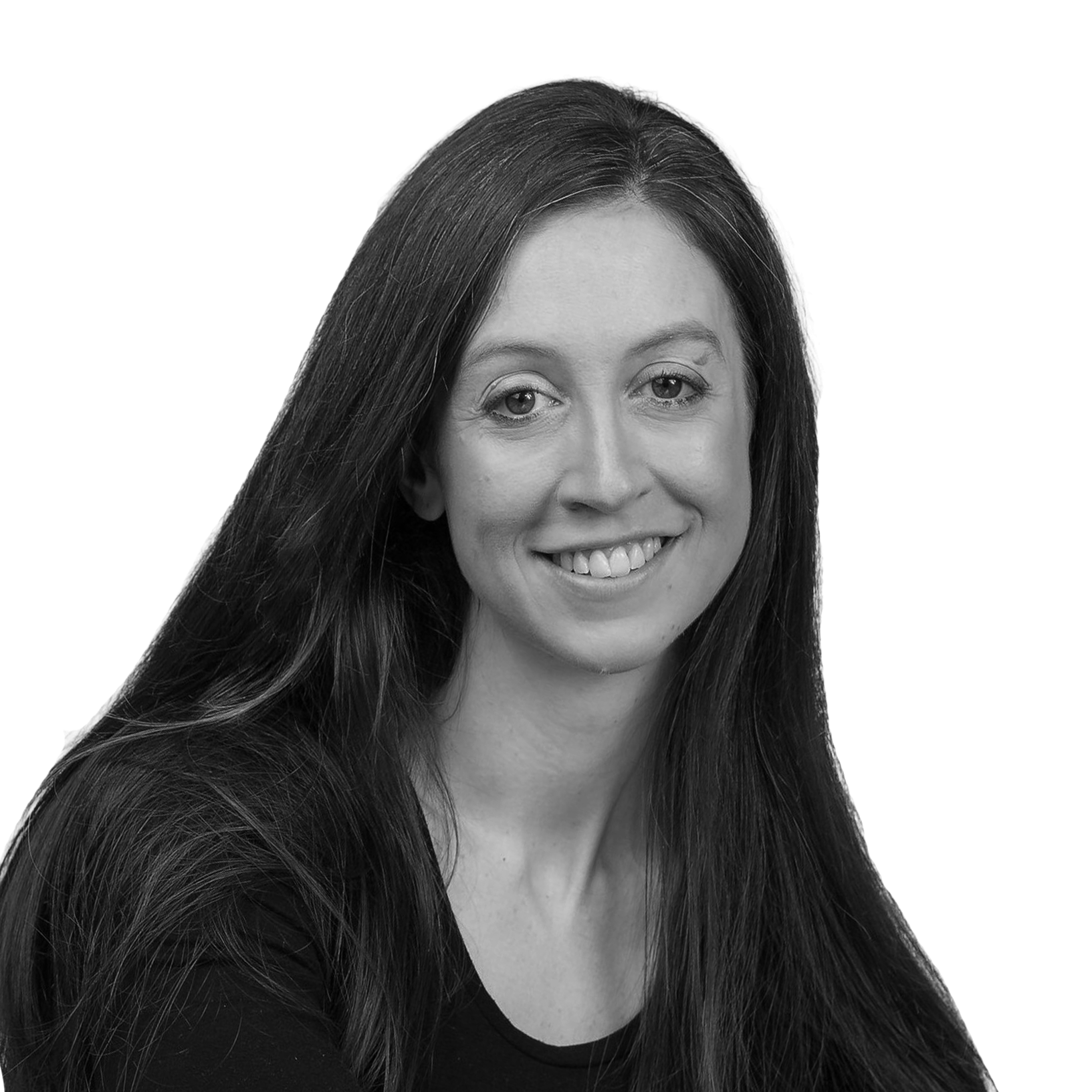 Black-and-white portrait of a smiling woman with long dark hair, wearing a dark top, against a plain light background.