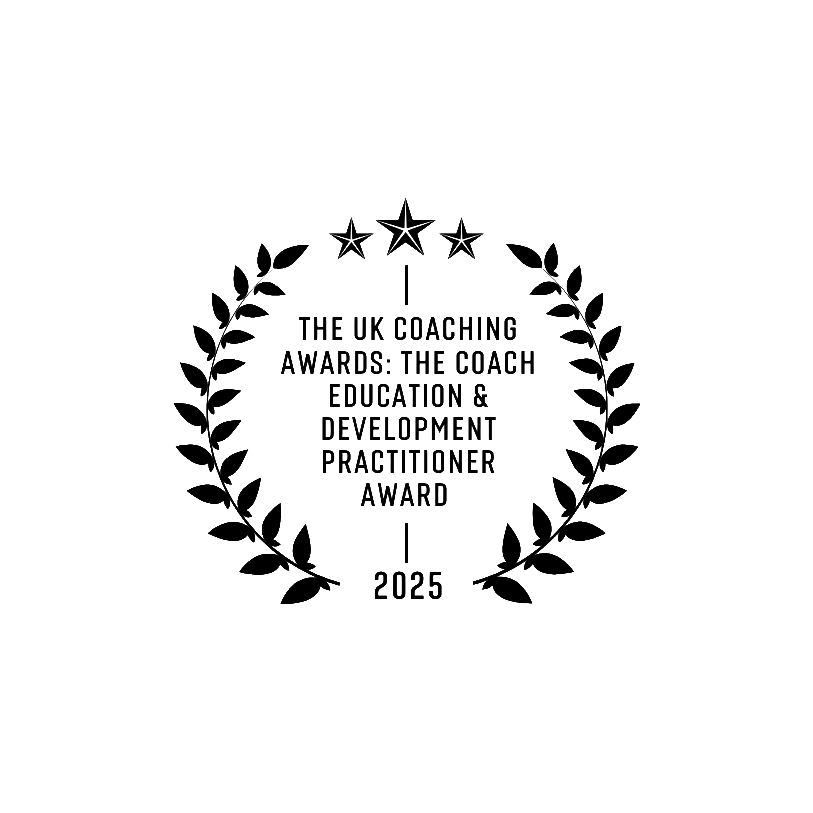 An award badge with three stars at the top, surrounded by a laurel wreath. The badge reads: "The Uk Coaching Awards: The Coach Educator of the Year Development Practitioner Award 2025."