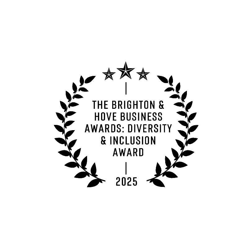Spherical emblem with three stars at the top, laurel branches surrounding text in the center, stating "The Brighton & Hove Business Awards Diversity & Inclusion Award 2024."