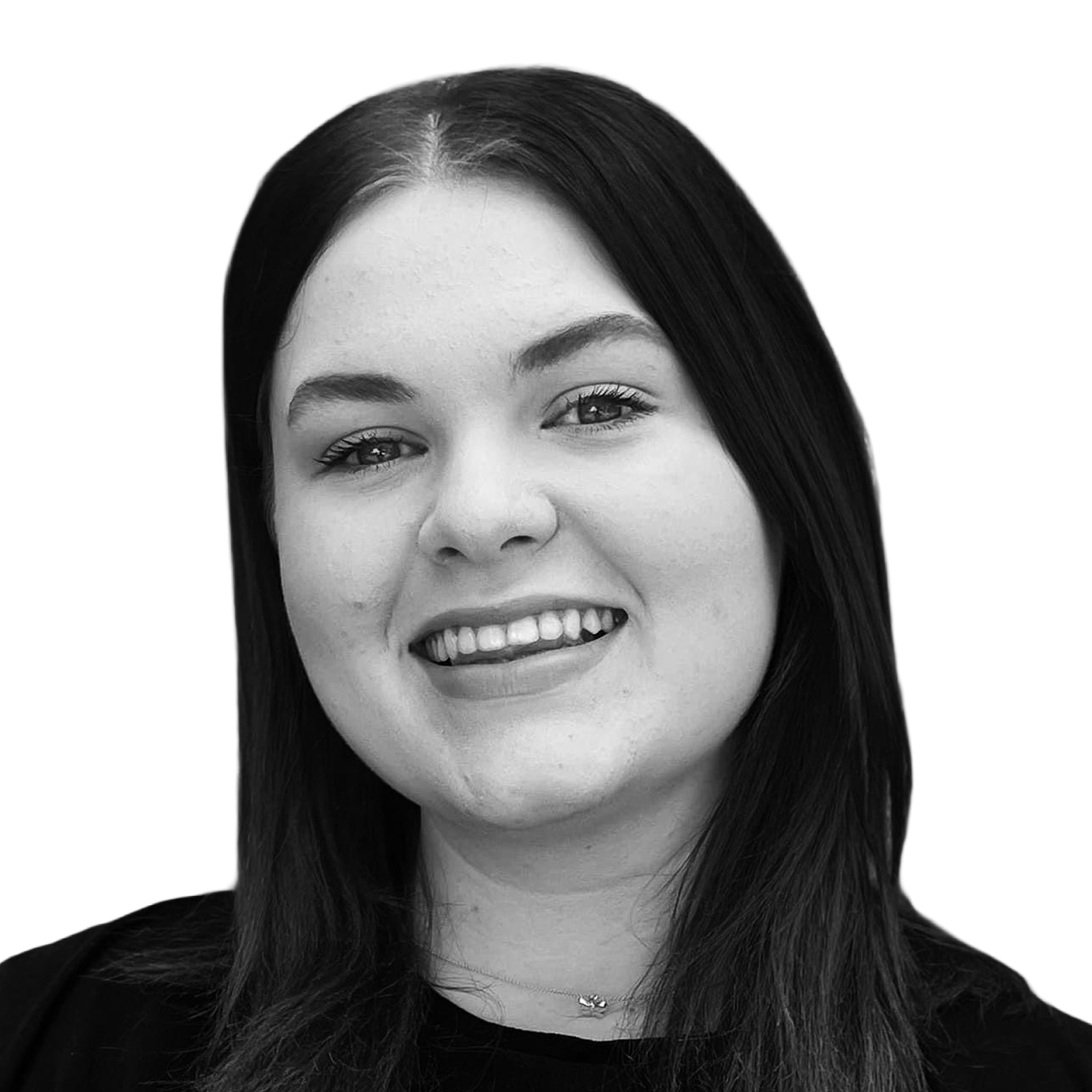 Black and white portrait of a young woman with long dark hair, smiling and looking at the camera.