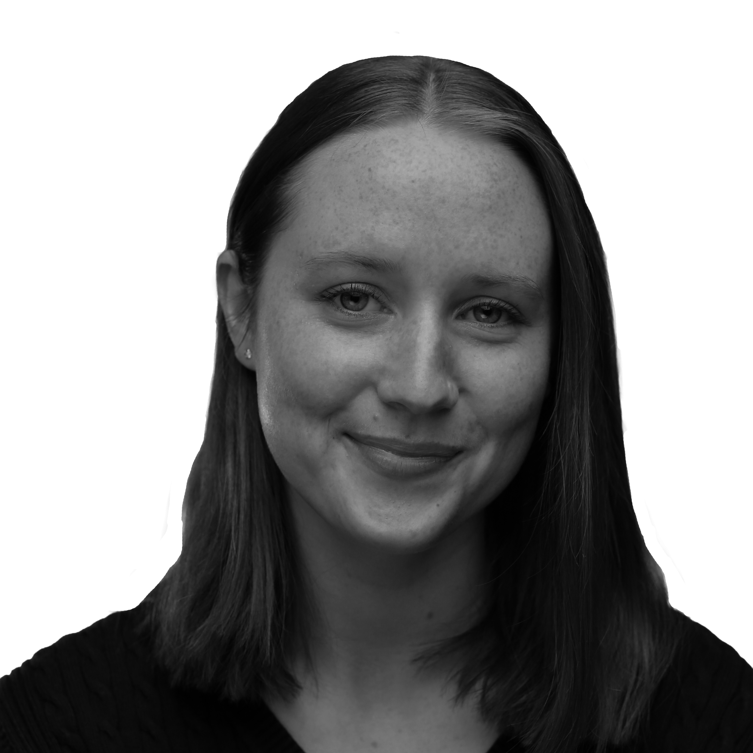Black and white portrait of a woman with shoulder-length hair, smiling slightly, wearing a dark top, and small earrings.