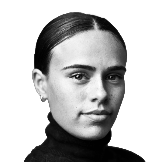 Close-up black and white portrait of a young woman with dark hair, slicked back, wearing a turtleneck.