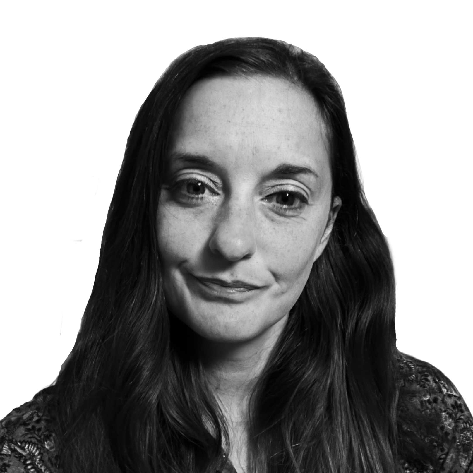 Black and white portrait of a woman with long wavy hair, smiling softly, wearing a lace top.