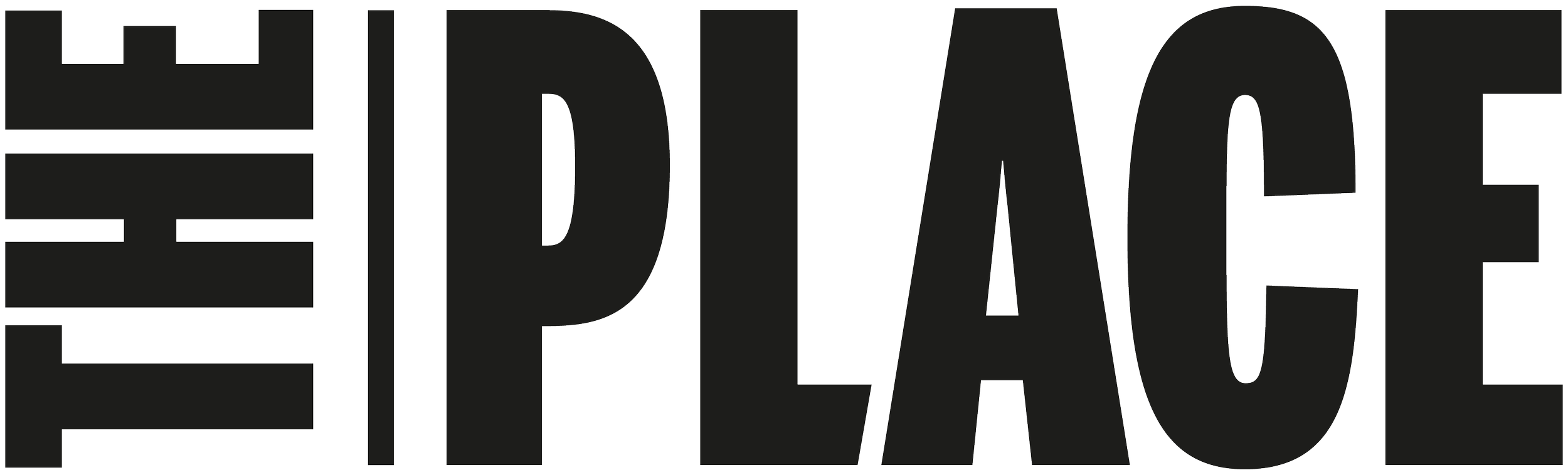 Black text reading 'The Place' with stylized letters, including a smiley face and digital clock elements.
