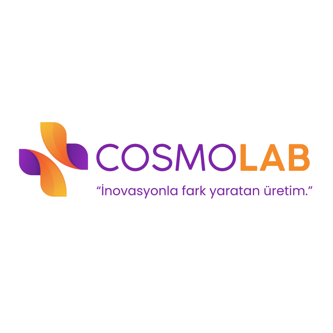 COSMO LAB logo with abstract orange and purple shapes and the text 'COSMO LAB' in purple, and additional text underneath that is less readable.