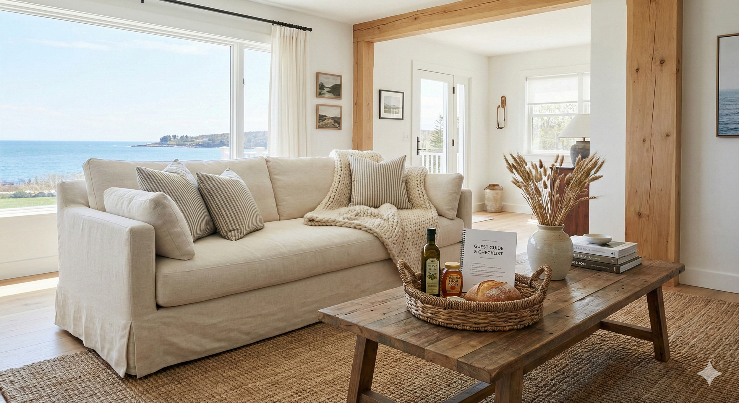 Salon lumineux avec vue sur la mer, canapé beige avec coussins à rayures, table en bois avec panier de nourriture et guide pour invités, vase avec des herbes, décoration murale
