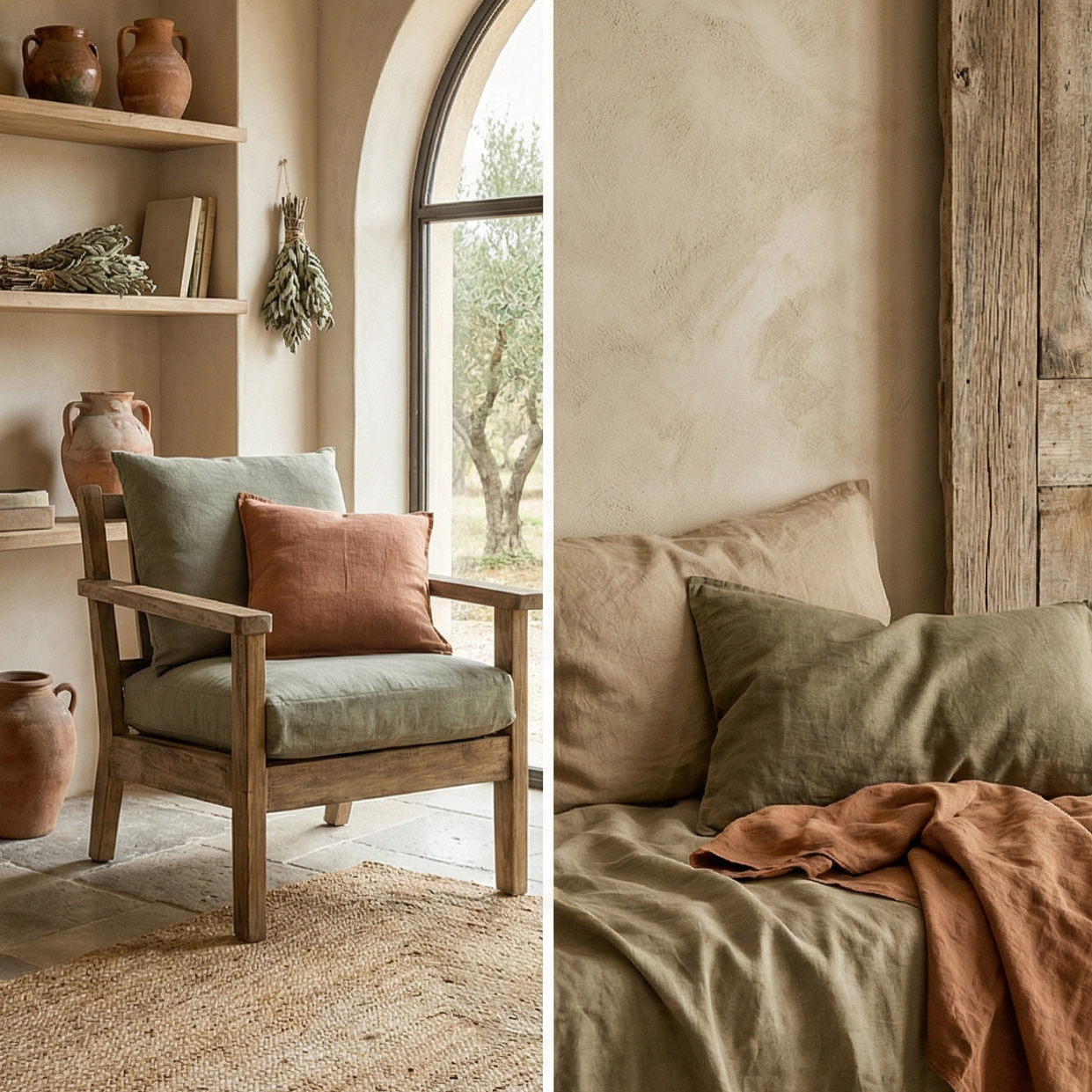 Photo divisée en deux parties : à gauche, un espace de vie avec une chaise en bois, des coussins, des étagères avec des pots en terre cuite et des livres, et une grande fenêtre. À droite, un coin de lit avec des coussins, un drap beige, une couverture en tissu et un mur en pierre avec un bois rustique.