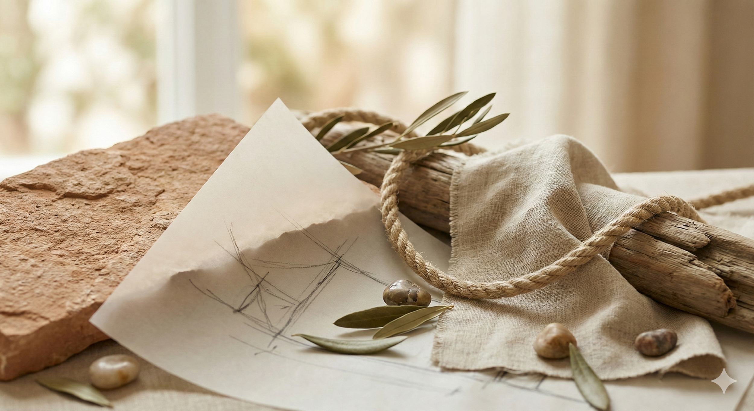 Une surface avec un croquis de bateau, une pierre, des feuilles d'olivier, un morceau de bois, une corde, un tissu beige, et un briquet en arrière-plan