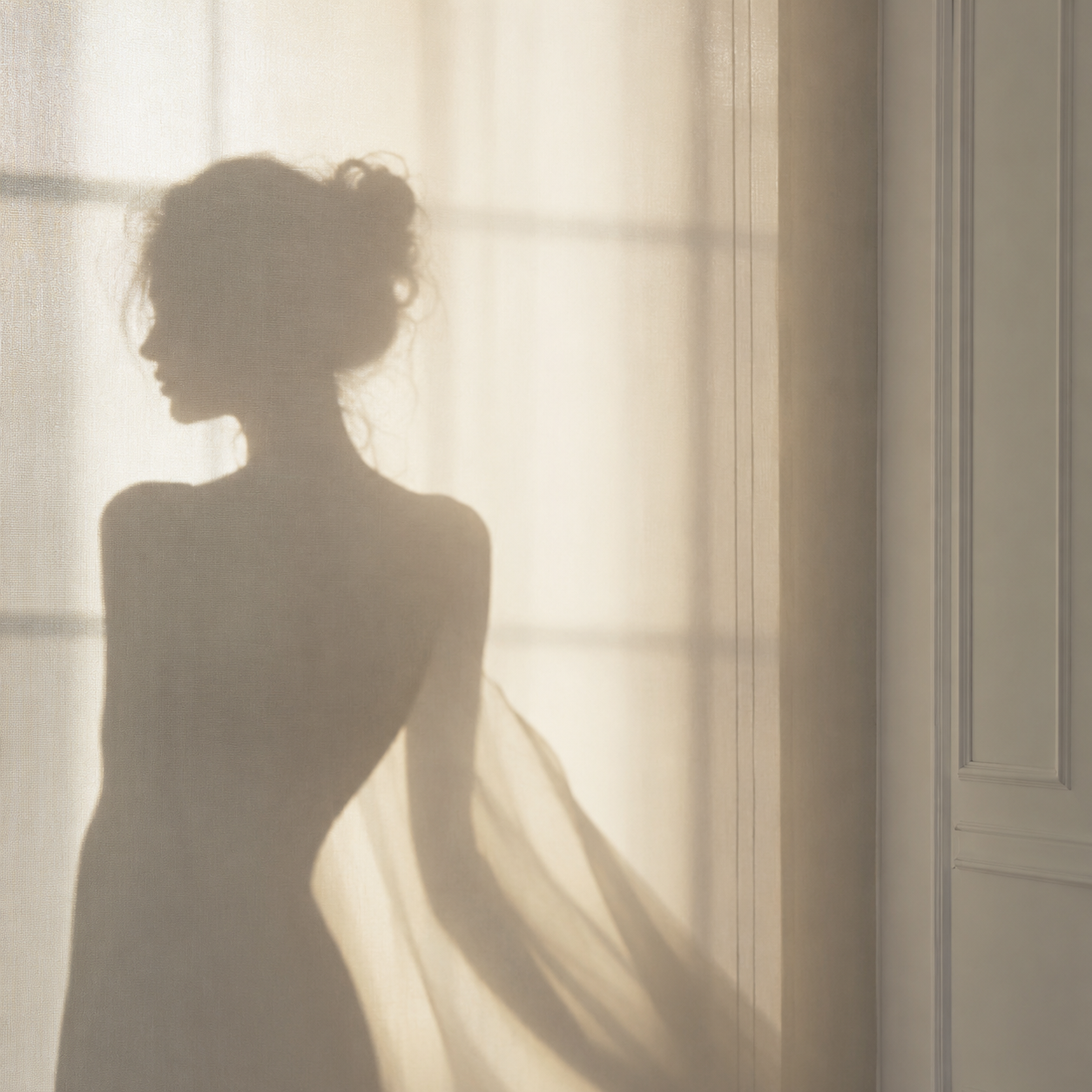 Silhouette d’une femme derrière un voilage, dans une lumière douce et intimiste.