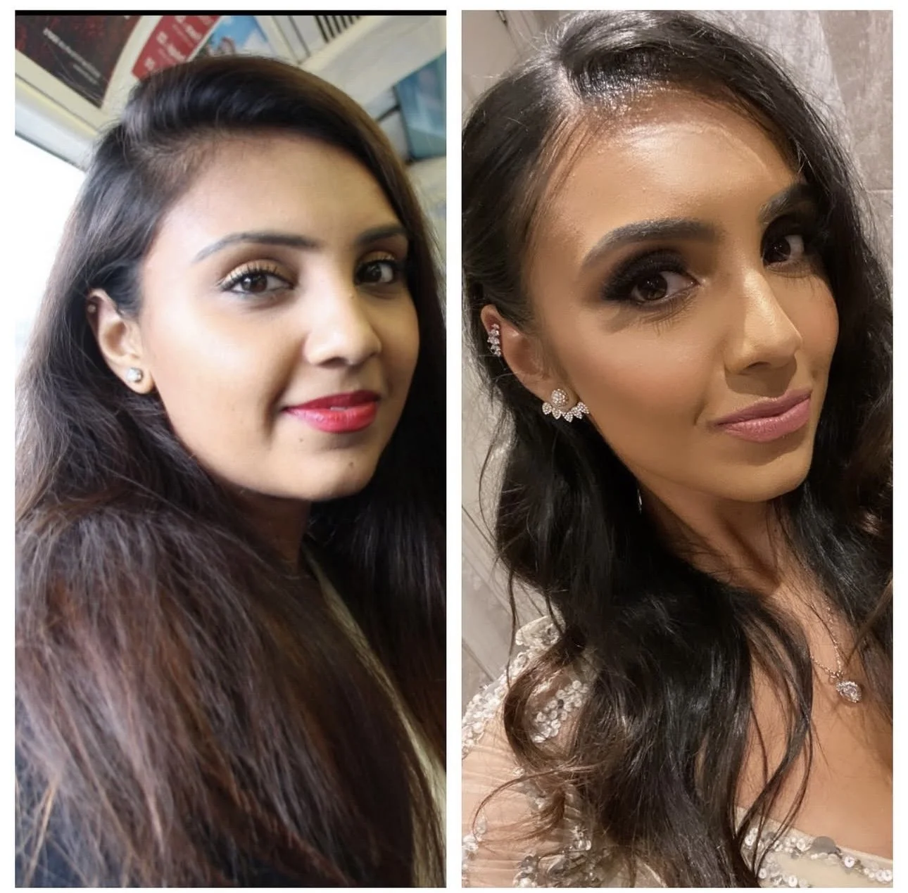 Side-by-side photos of the same woman with different hairstyles and makeup, one with straight hair and bright red lipstick, and the other with wavy hair and softer makeup, wearing earrings and a necklace.