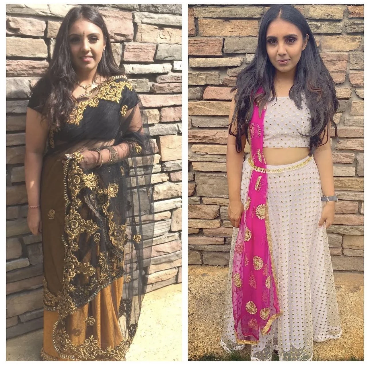 Two women dressed in traditional Indian sarees standing against a brick wall, one on each side of the split image.