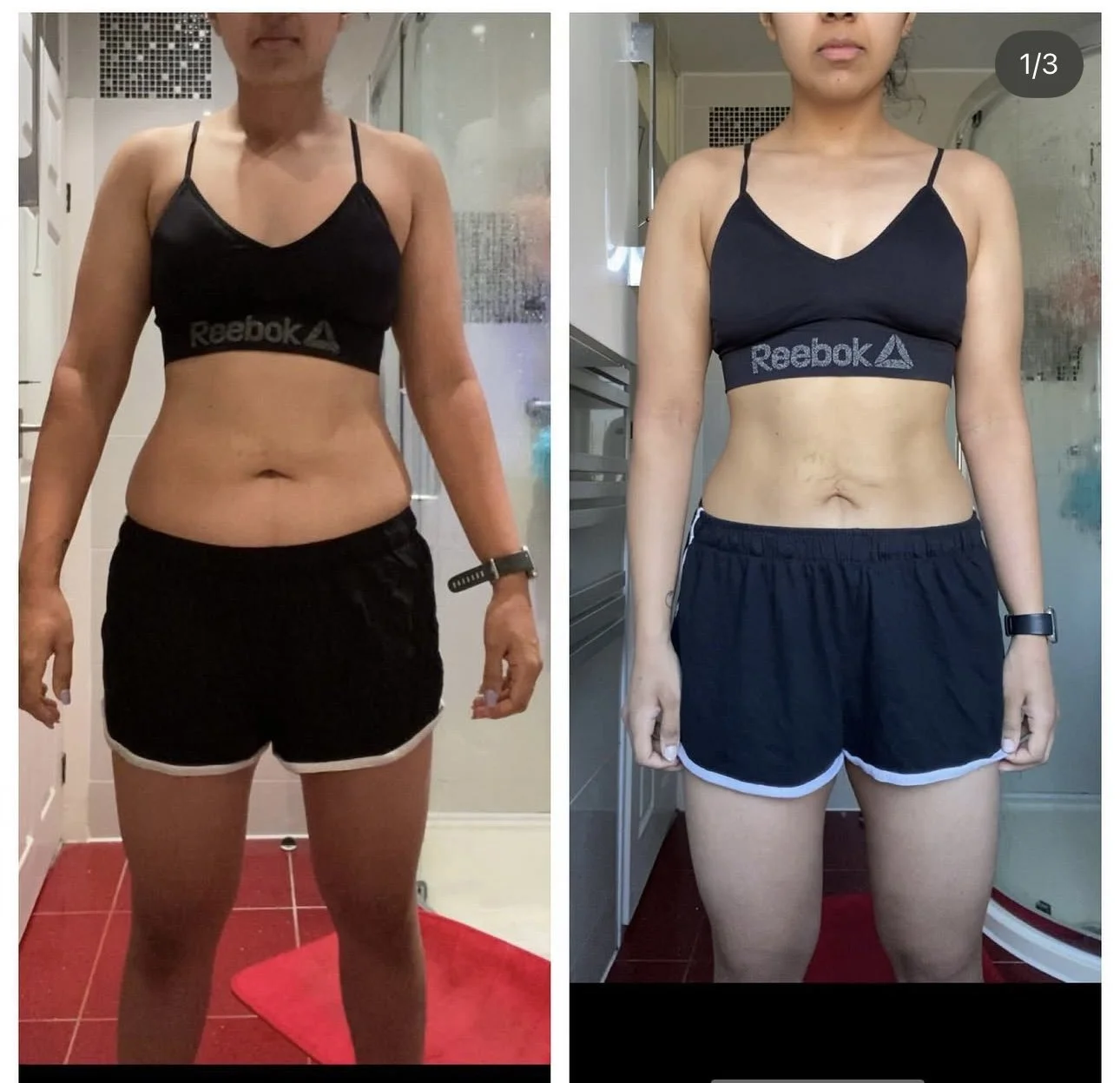 Side-by-side comparison of a woman before and after weight loss, wearing black Reebok sports bras and shorts, standing in a bathroom.