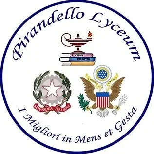Emblem with the text 'Pirandello Lyceum' and Latin phrase '1 Majiogri in Mens et Gesta,' featuring a central column of books with a steaming cup on top, flanked by a laurel wreath and a shield with an eagle holding a blue ribbon, and a star surrounded by blue flowers.