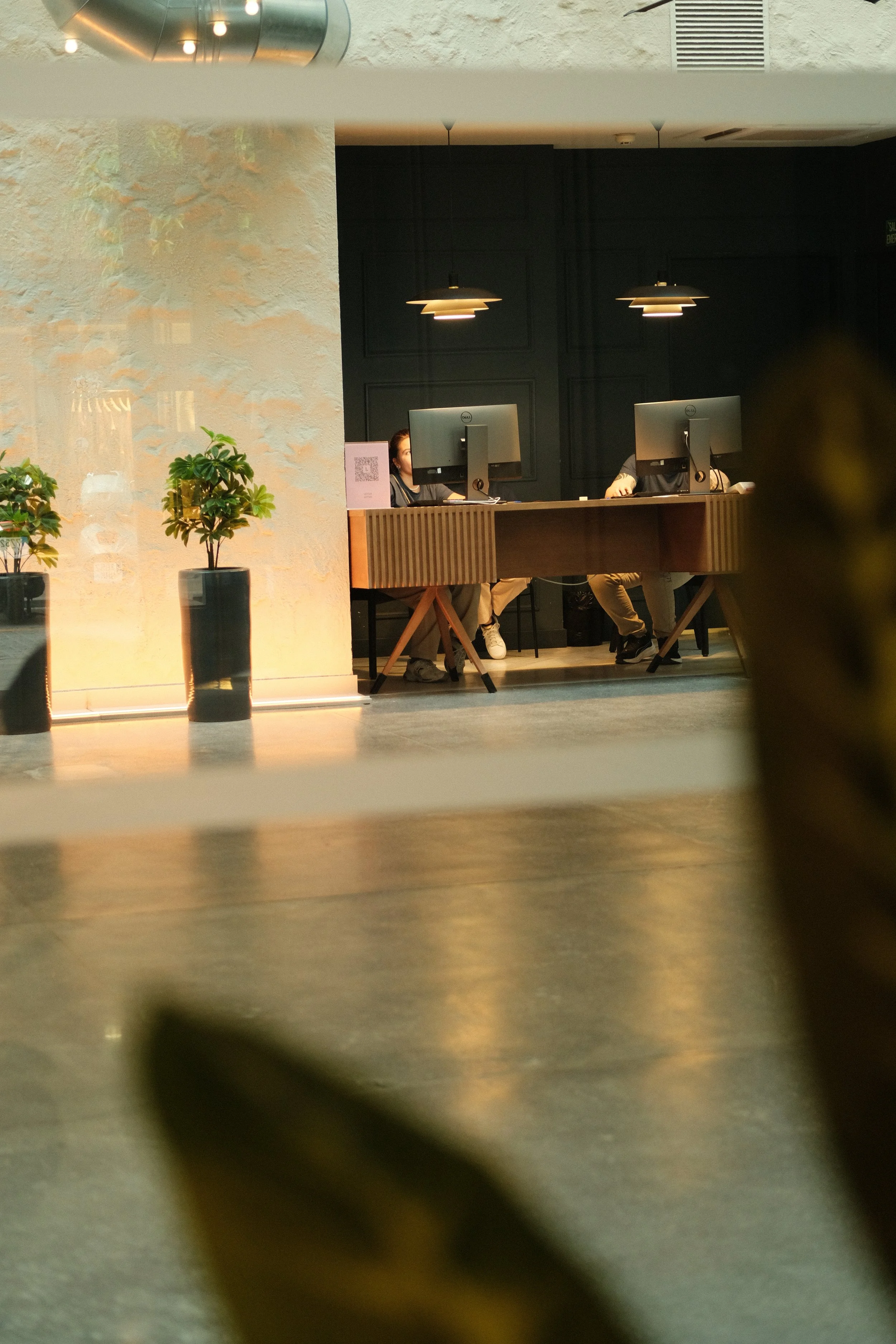 Two workers sitting at a desk with computer monitors in a modern office or reception area, with plants along the wall and decorative hanging lights overhead.