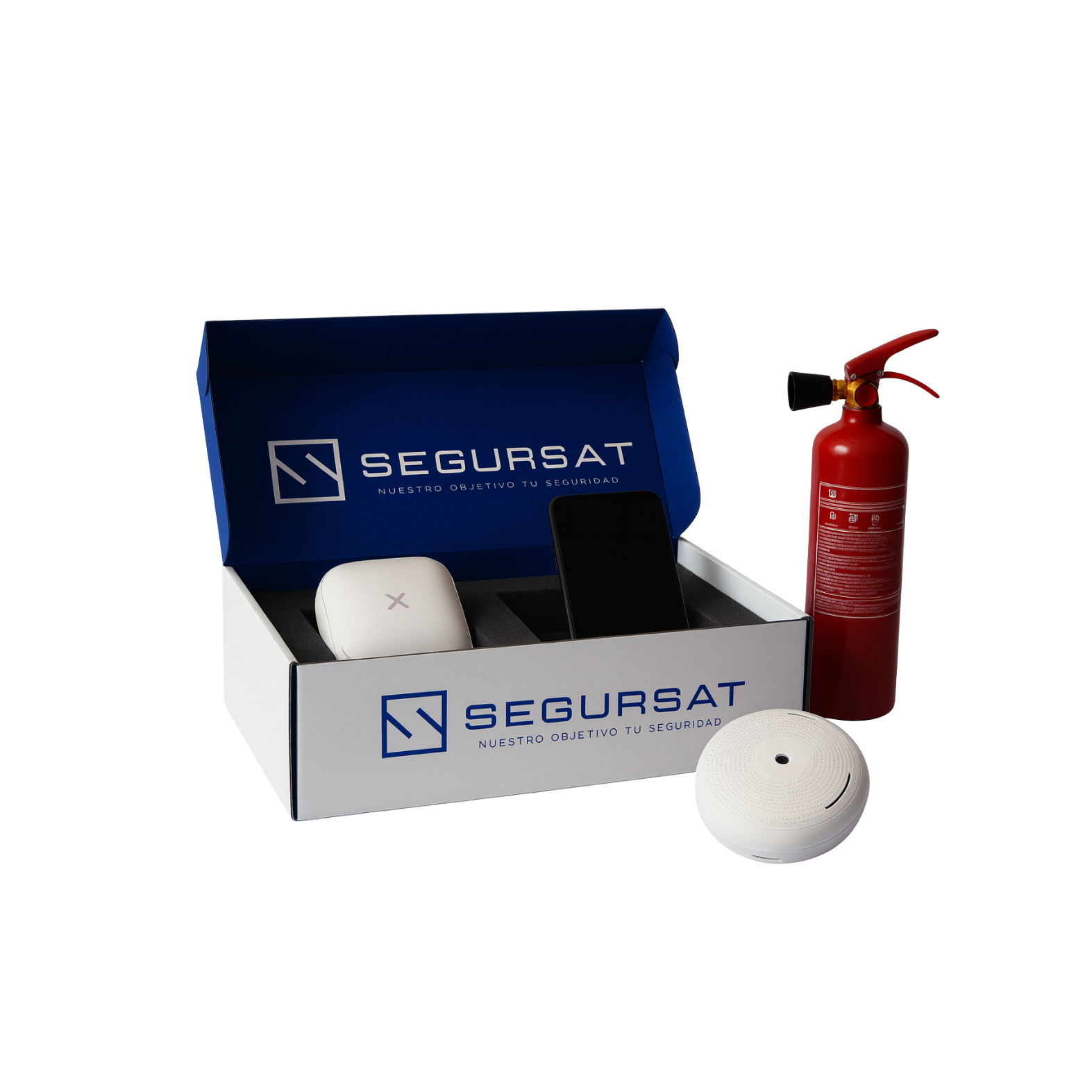 Sistema de seguridad con alarma, detector de humo, extintor y caja de la empresa Segursat.