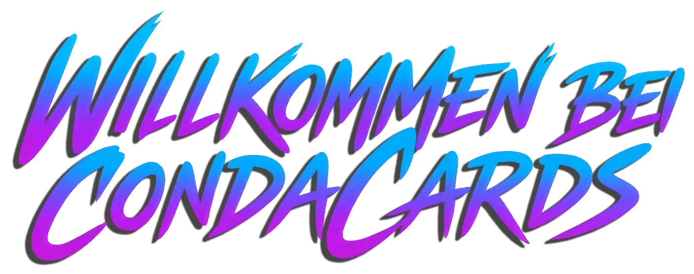 Der Schriftzug 'Willkommen bei CondaCards' in einer bunten, stilisierten Schrift mit Farbverlauf von Blau bis Violett, auf transparentem Hintergrund.