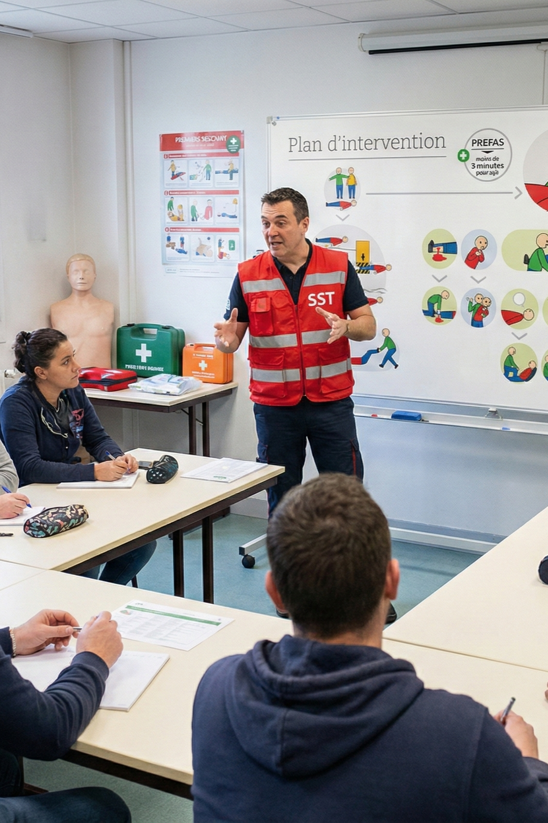 Une personne donne une formation de premiers secours à un groupe de jeunes en classe, avec un tableau blanc derrière lui affichant un plan d'intervention et des illustrations de gestes de premiers secours.