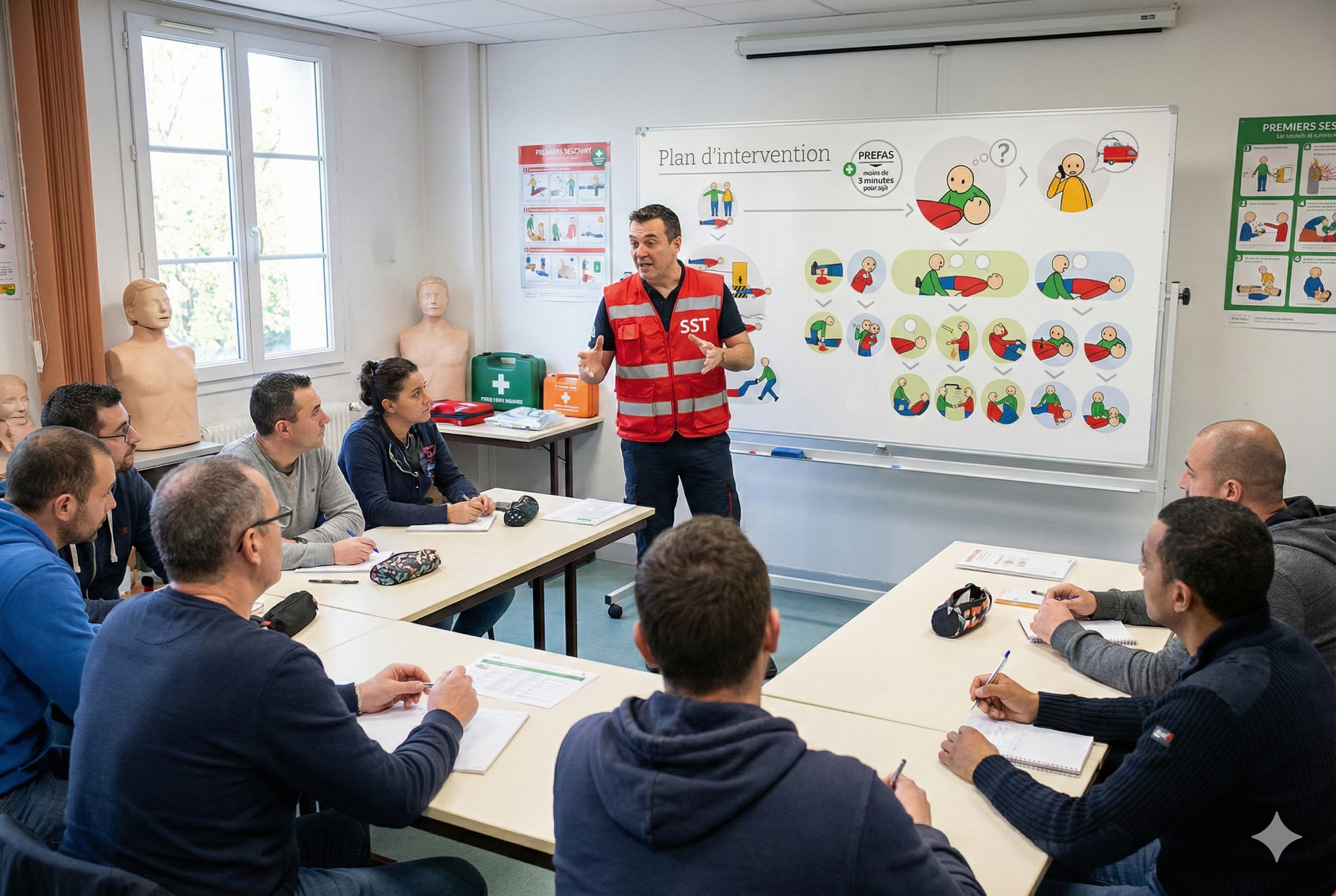 Une session de formation sur les premiers secours avec un instructeur devant un tableau illustré, des mannequins en haut à gauche et une trousse de premiers secours sur une table à gauche, dans une salle lumineuse.