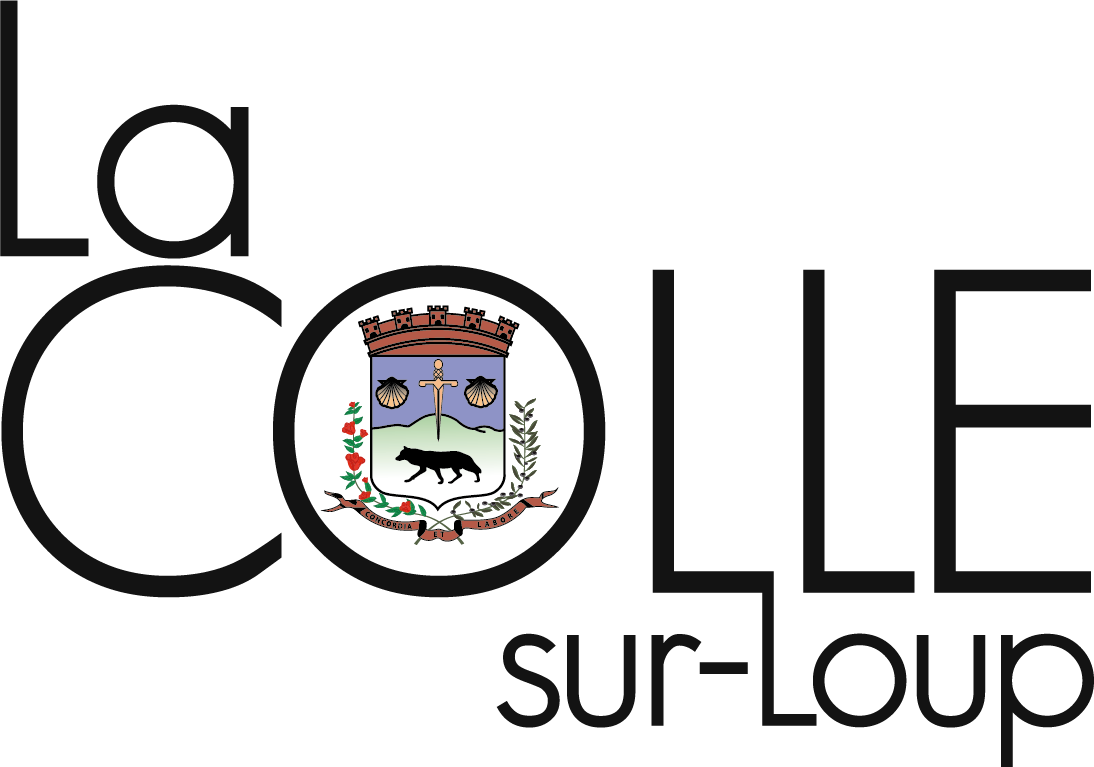 Logo officiel de la ville de Colle sur Loup, comprenant un écusson avec un loup noir, une épée dorée, des coquillages, des feuilles et un chapeau au sommet.