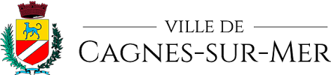 Logo de la ville de Cagnes-sur-Mer, représentant une aigle, un champ vert, un cheval et des éléments insignifiants.
