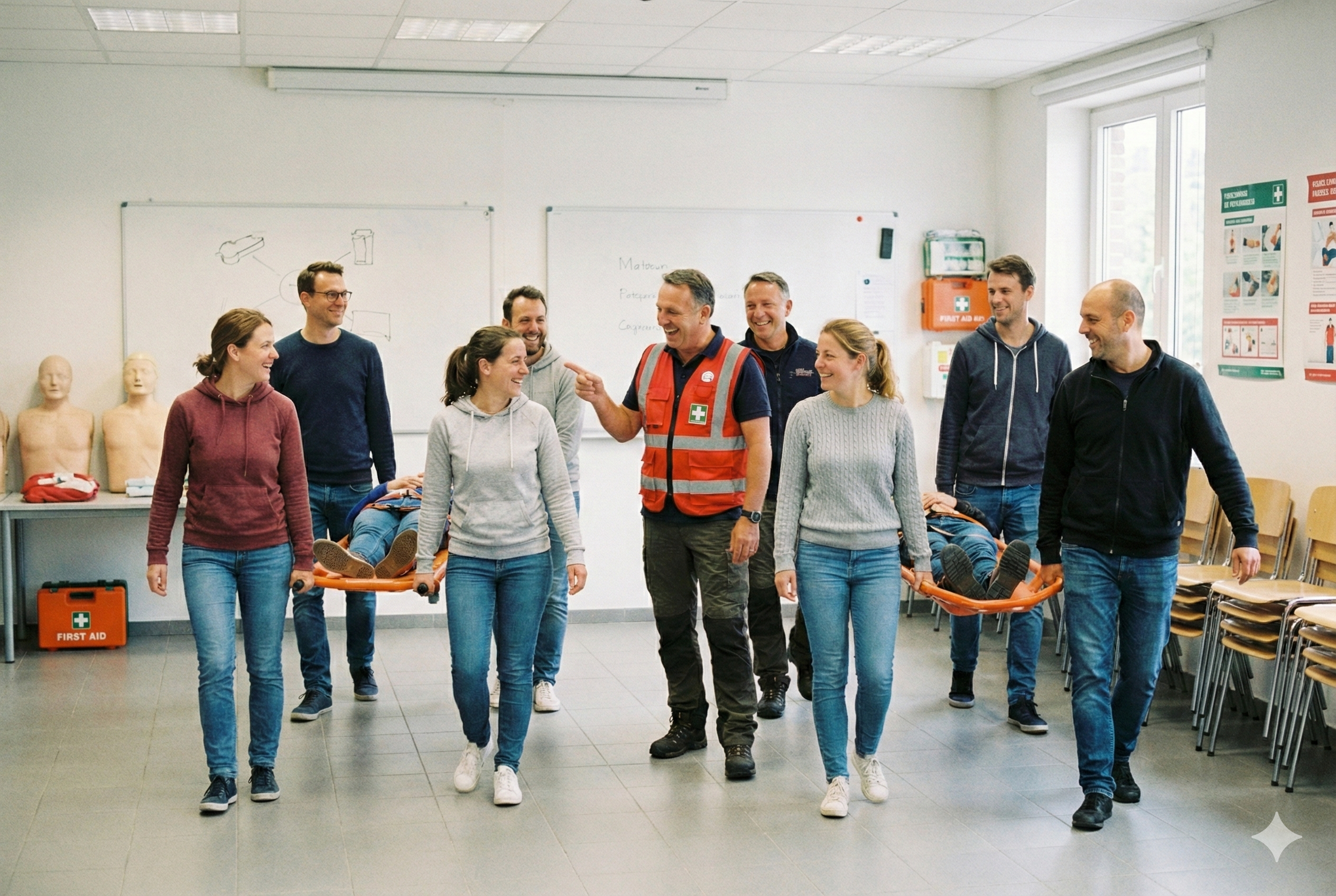 Un groupe de personnes participe à une séance de formation en secourisme dans une salle de classe, avec des mannequins de formation en arrière-plan.