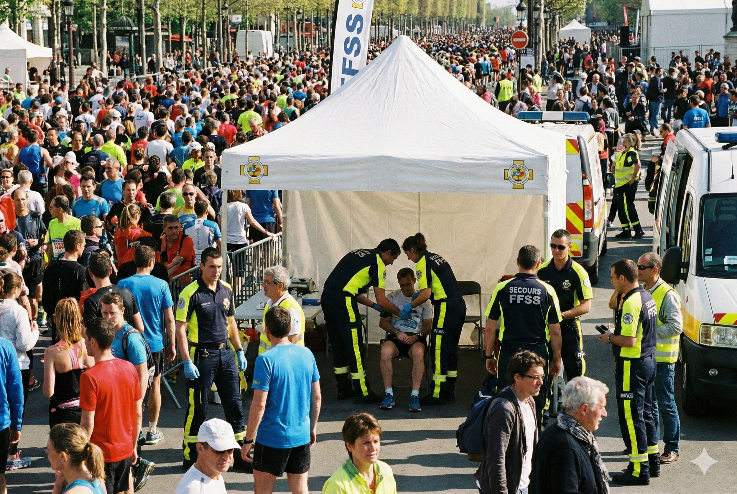 Une grande foule de personnes assistent à un événement sportif ou une course, avec une tente de secours et des ambulances, des secouristes en uniforme assurent une assistance médicale, organisé au bord de la route.