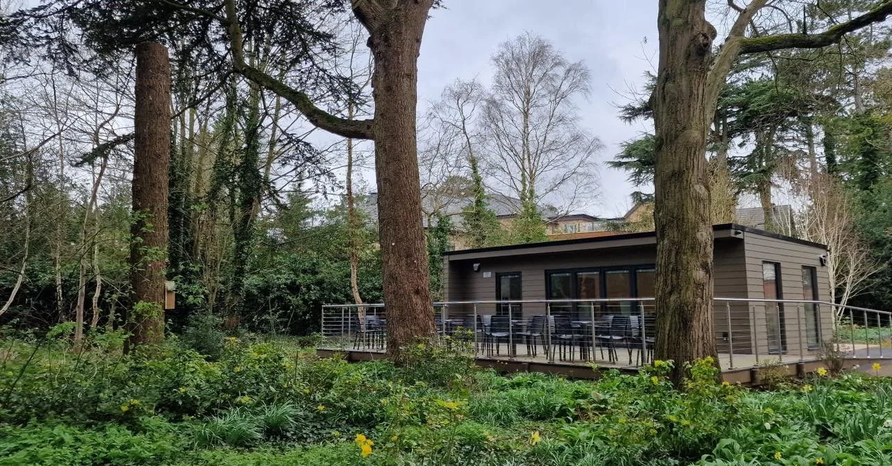 A modern, small building with a deck surrounded by trees and greenery in a forest setting.