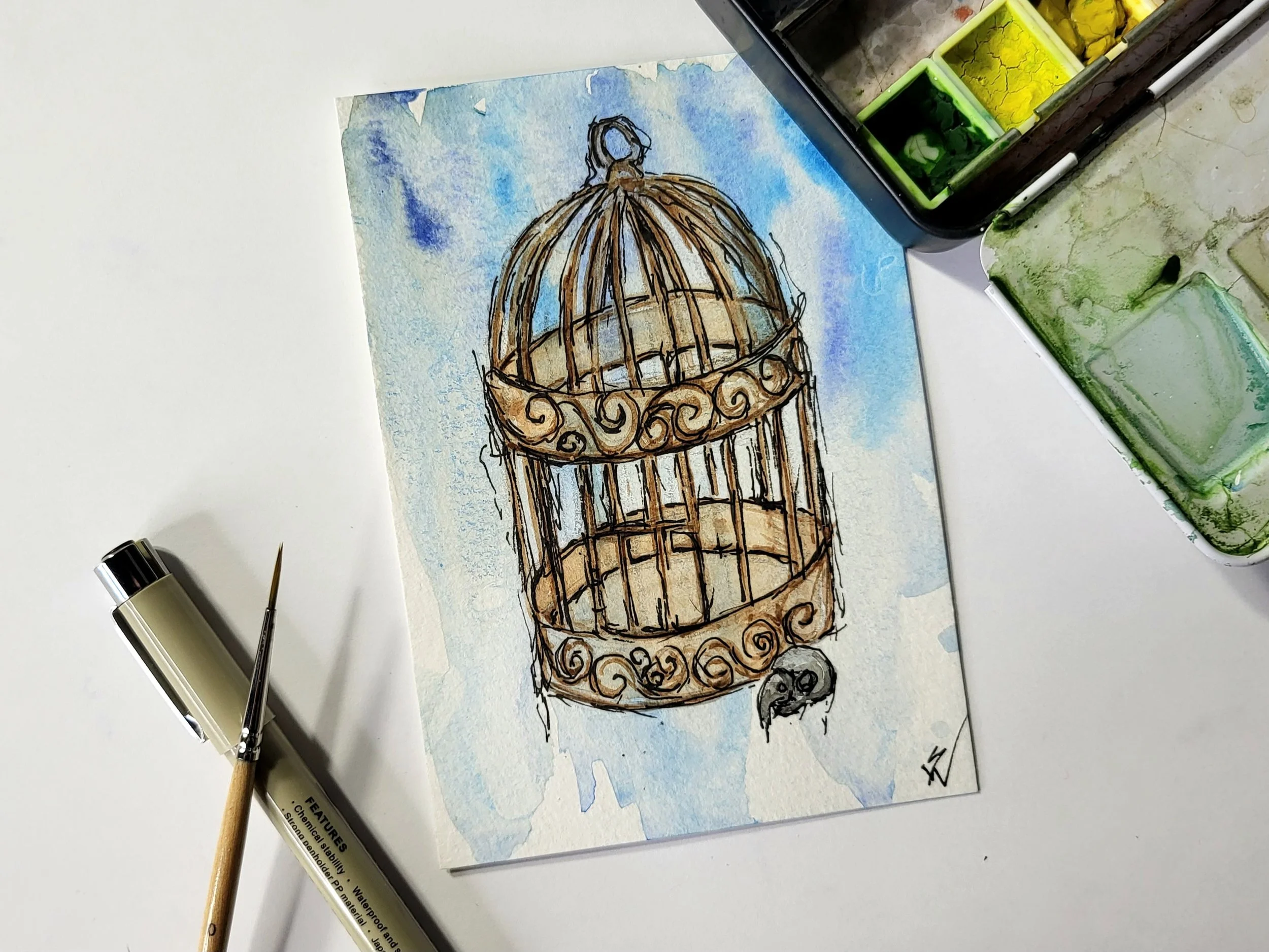 Birdcage with Drippy Background - Day 1 of 31 Paintings