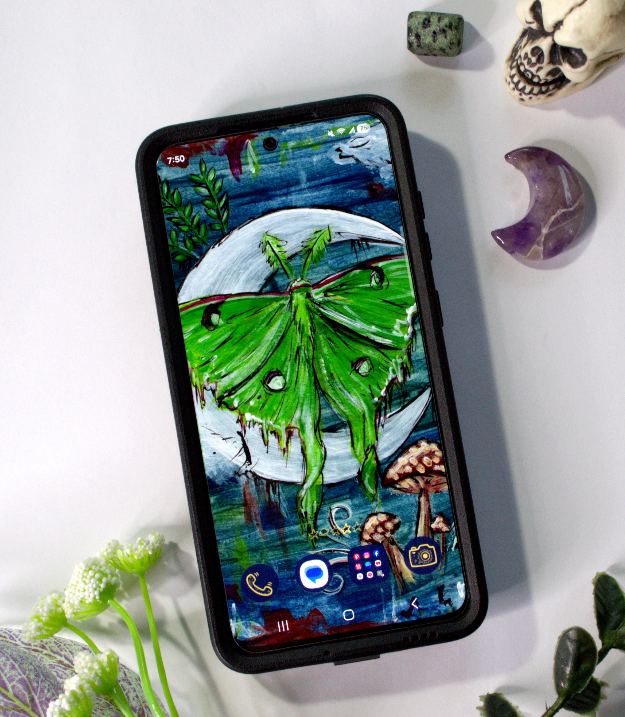 Enchantment Amongst the Moon - Luna Moth and Crescent Moon Phone Wallpaper