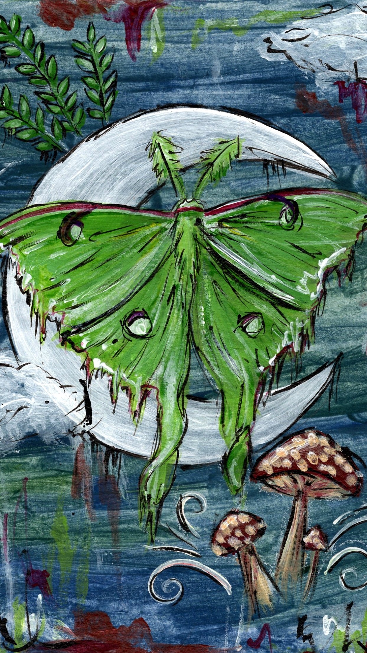 Enchantment Amongst the Moon - Luna Moth and Crescent Moon Phone Wallpaper