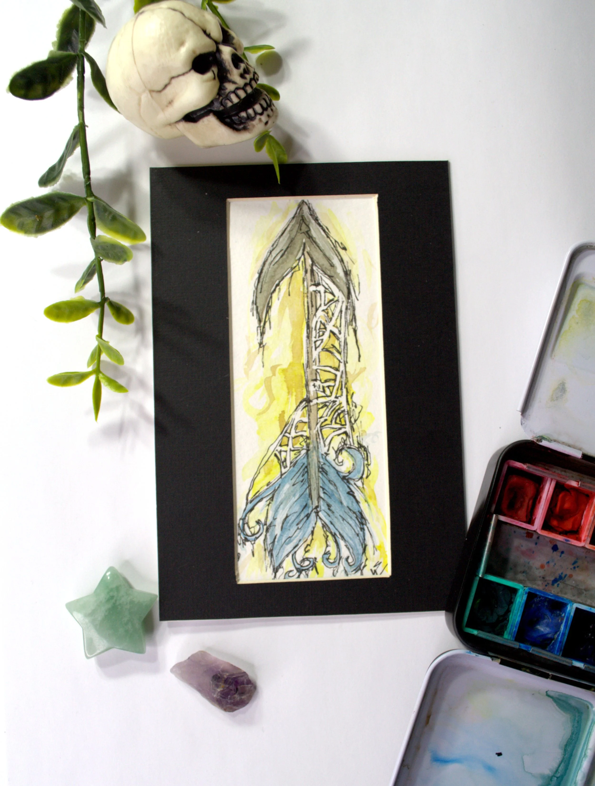 Whimsical Arrow Watercolor Painting with Blue Feathers & Spider Web