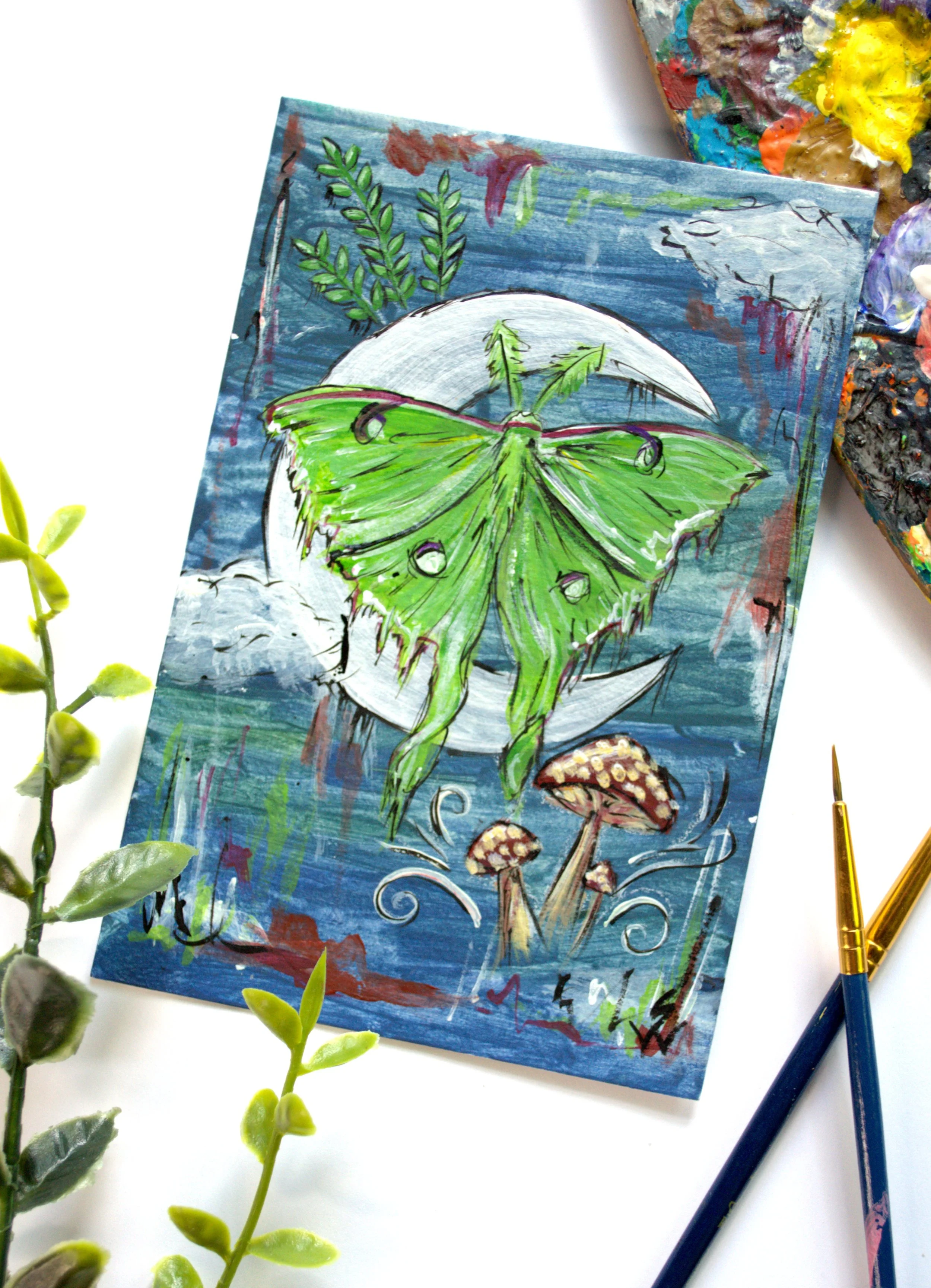Enchantment Amongst the Moon -  Luna Moth & Moon Original painting