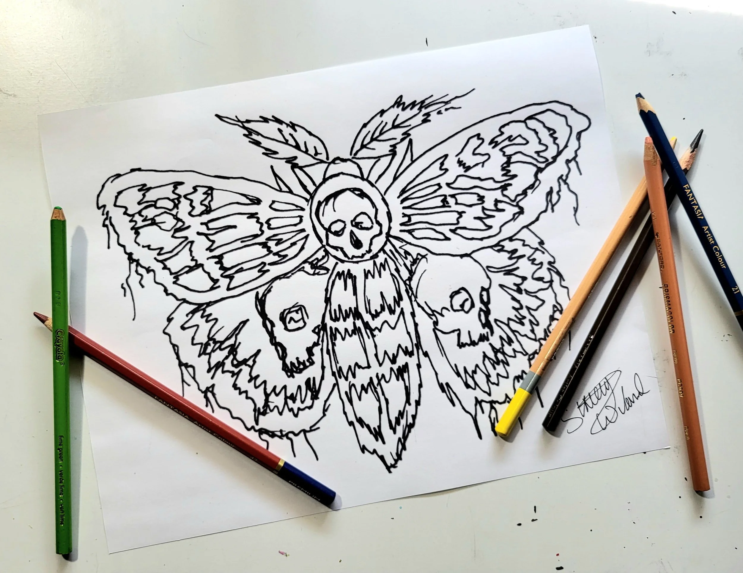 A downloadbale coloring page of an original deathmoth painting.