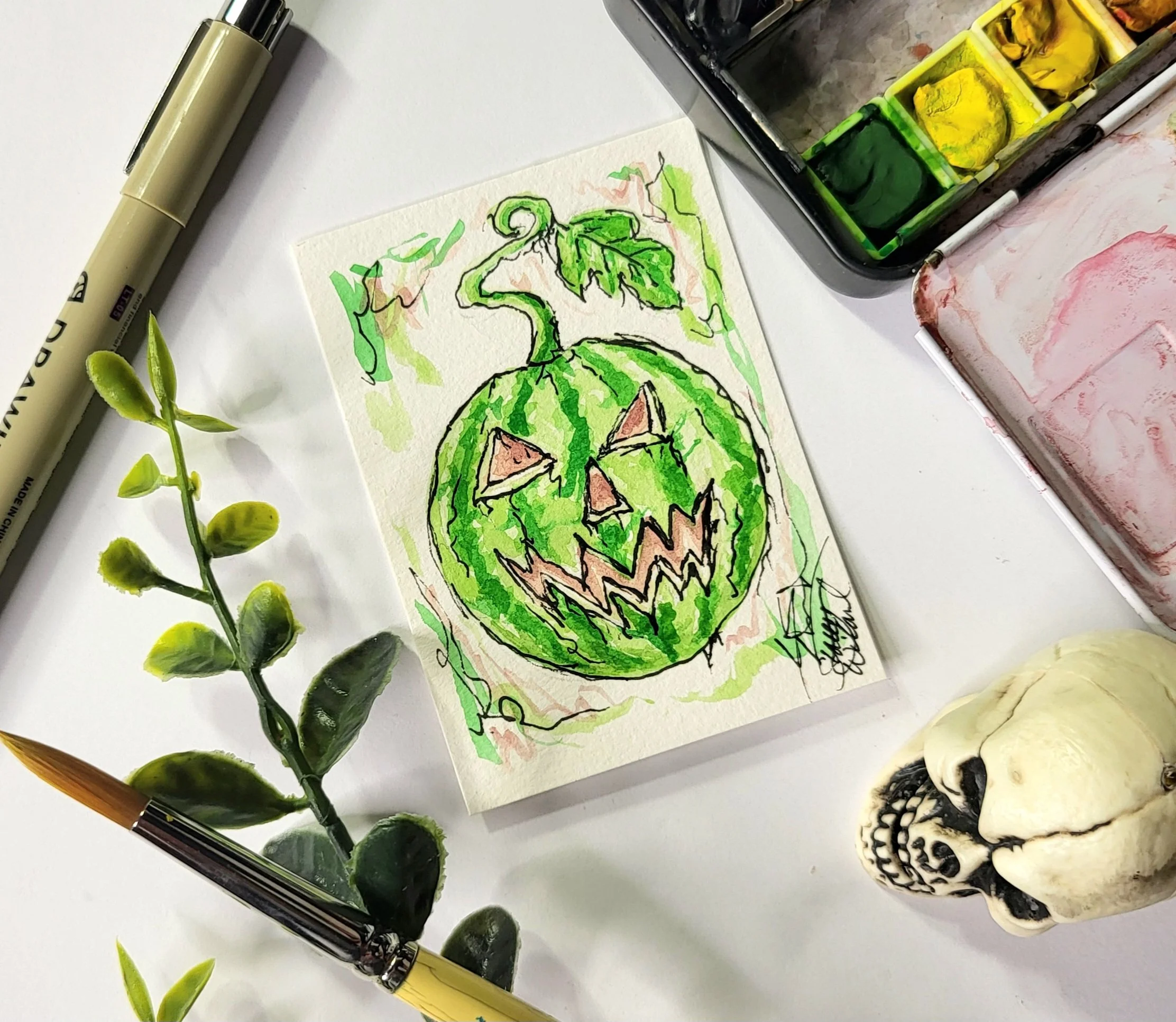 Haunted Watermelon - ACEO Watercolor Painting