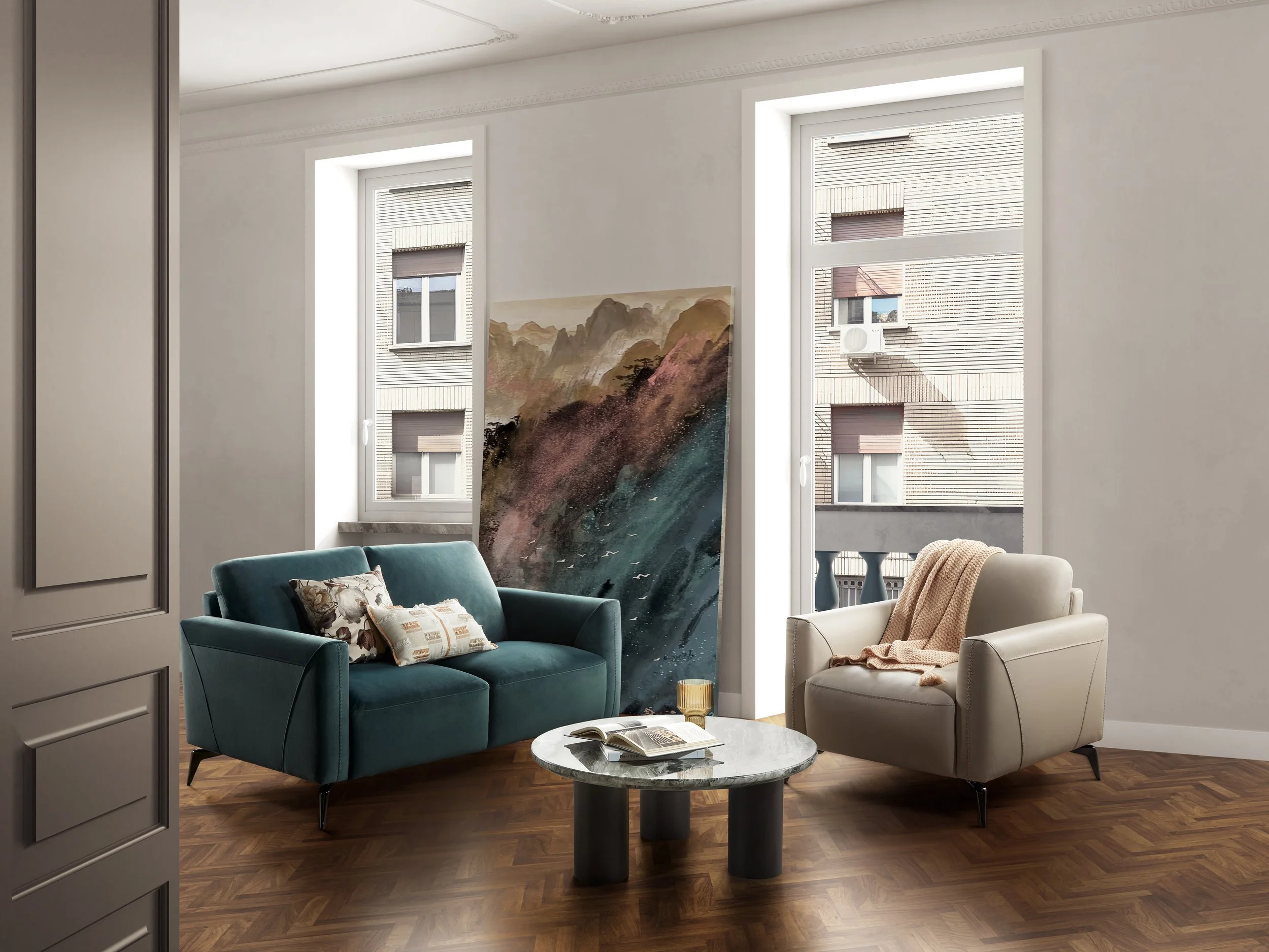 Living room with two large windows, a teal Nest Space sofa with pillows, a white armchair with a throw blanket, and a round coffee table with a book and a glass.