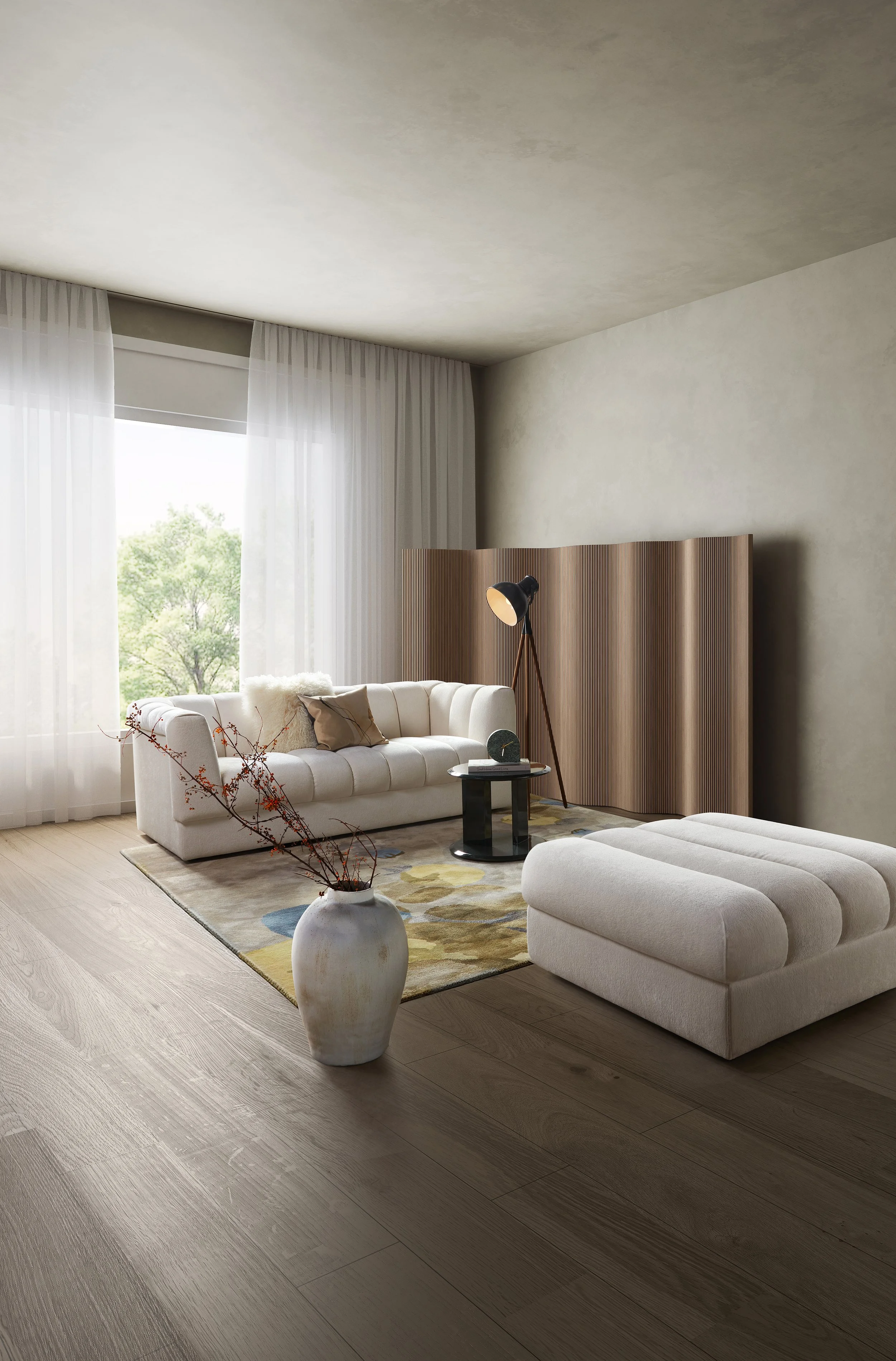 Modern living room with Nest Space sofas, a floor lamp, a vase with branches, and a window with sheer curtains.