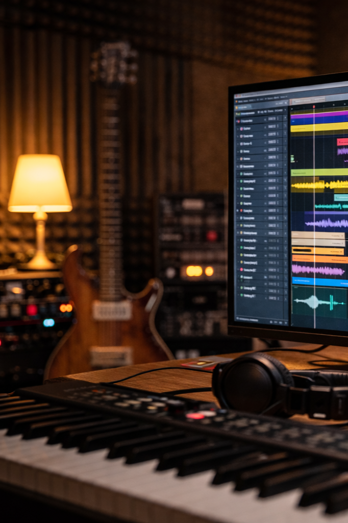 Music studio with a digital audio workstation on a large monitor displaying colorful waveforms, a keyboard controller, headphones, a guitar, and a lamp in the background.