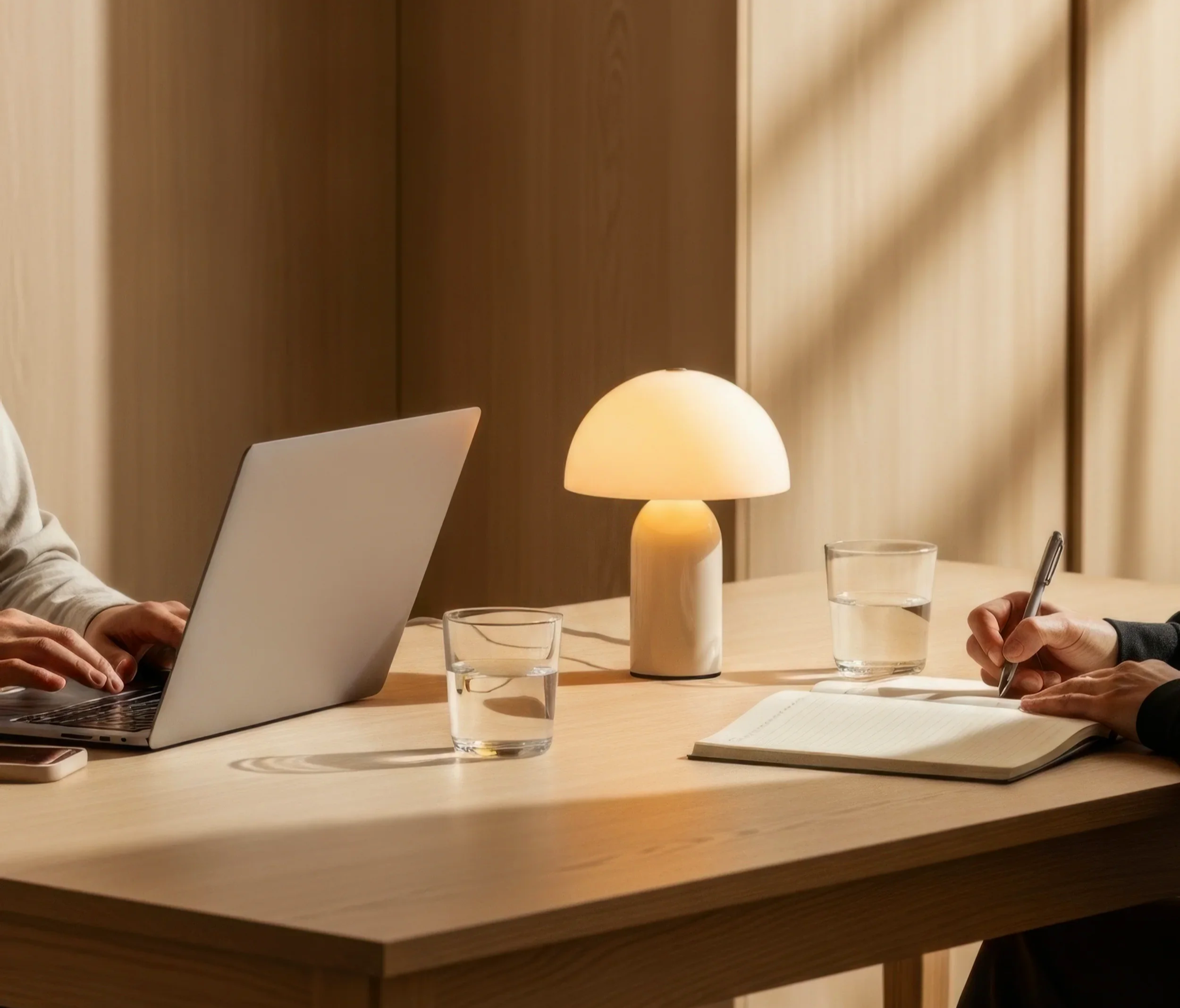 Two people sitting at a wooden table having a meeting. One person is working on a laptop, and the other is taking notes in a notebook with two glasses of water and a lamp between them.