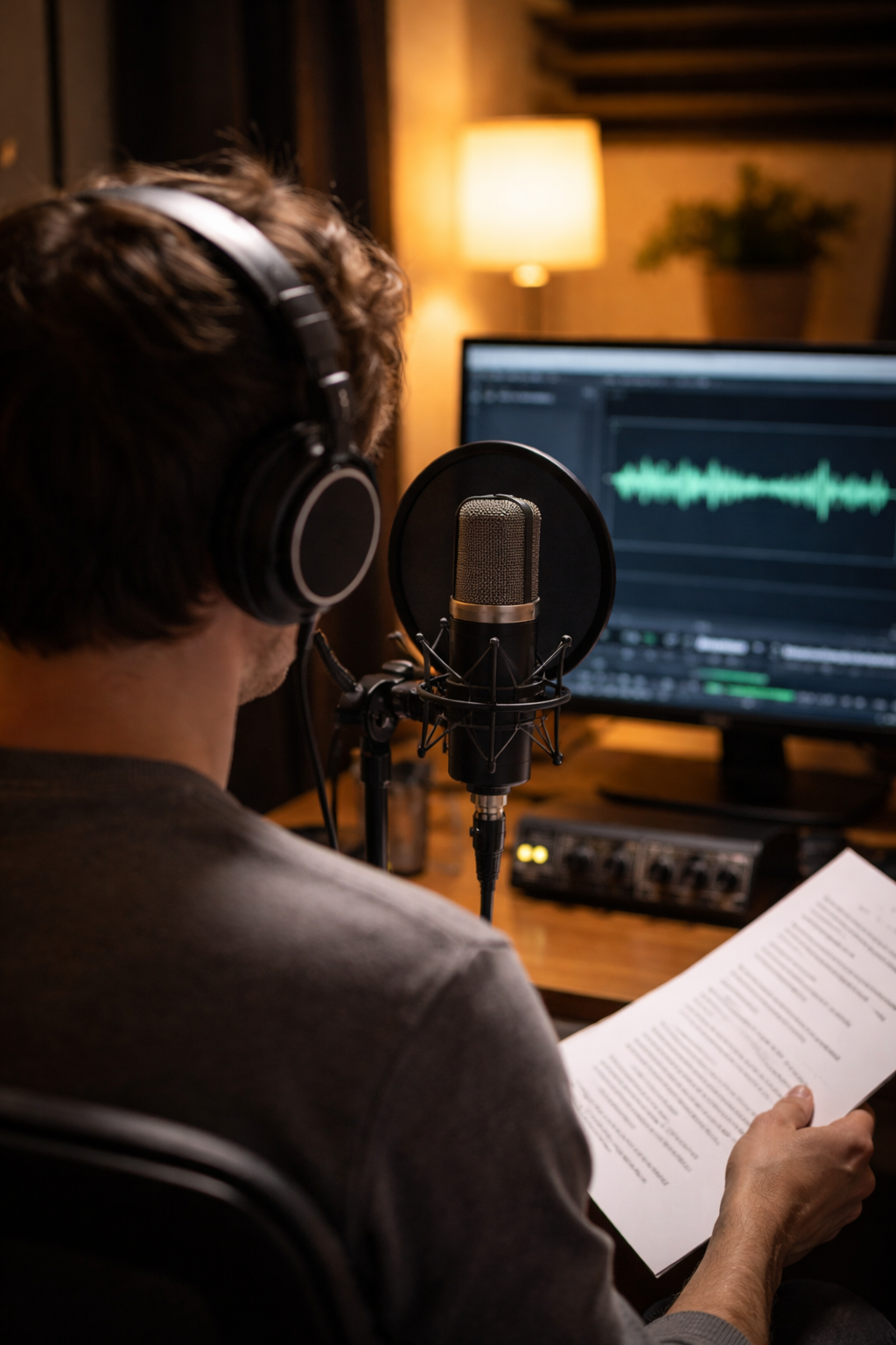 Person recording voiceover or podcast in a studio, wearing headphones, reading from a script, with a microphone and computer monitor displaying audio editing software in the background.