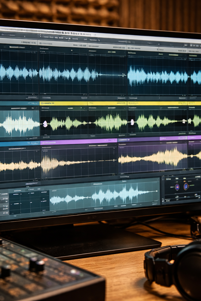 A computer monitor displaying multiple colorful waveforms of audio editing software, with a mixing console and headphones on a wooden desk.