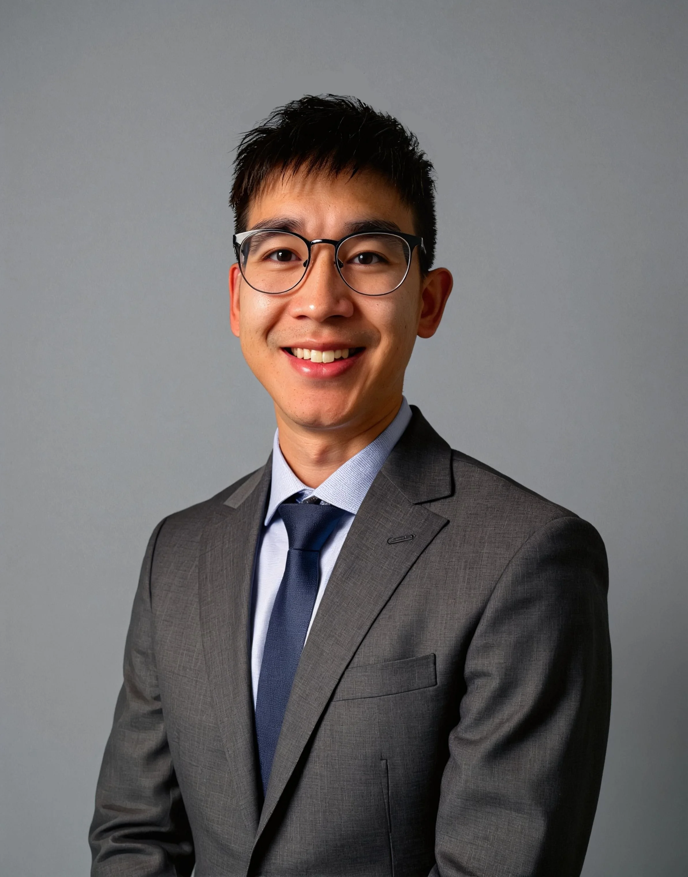 Headshot of a young man with glasses, wearing a gray business suit, light blue shirt, and dark blue tie, smiling against a plain gray background.