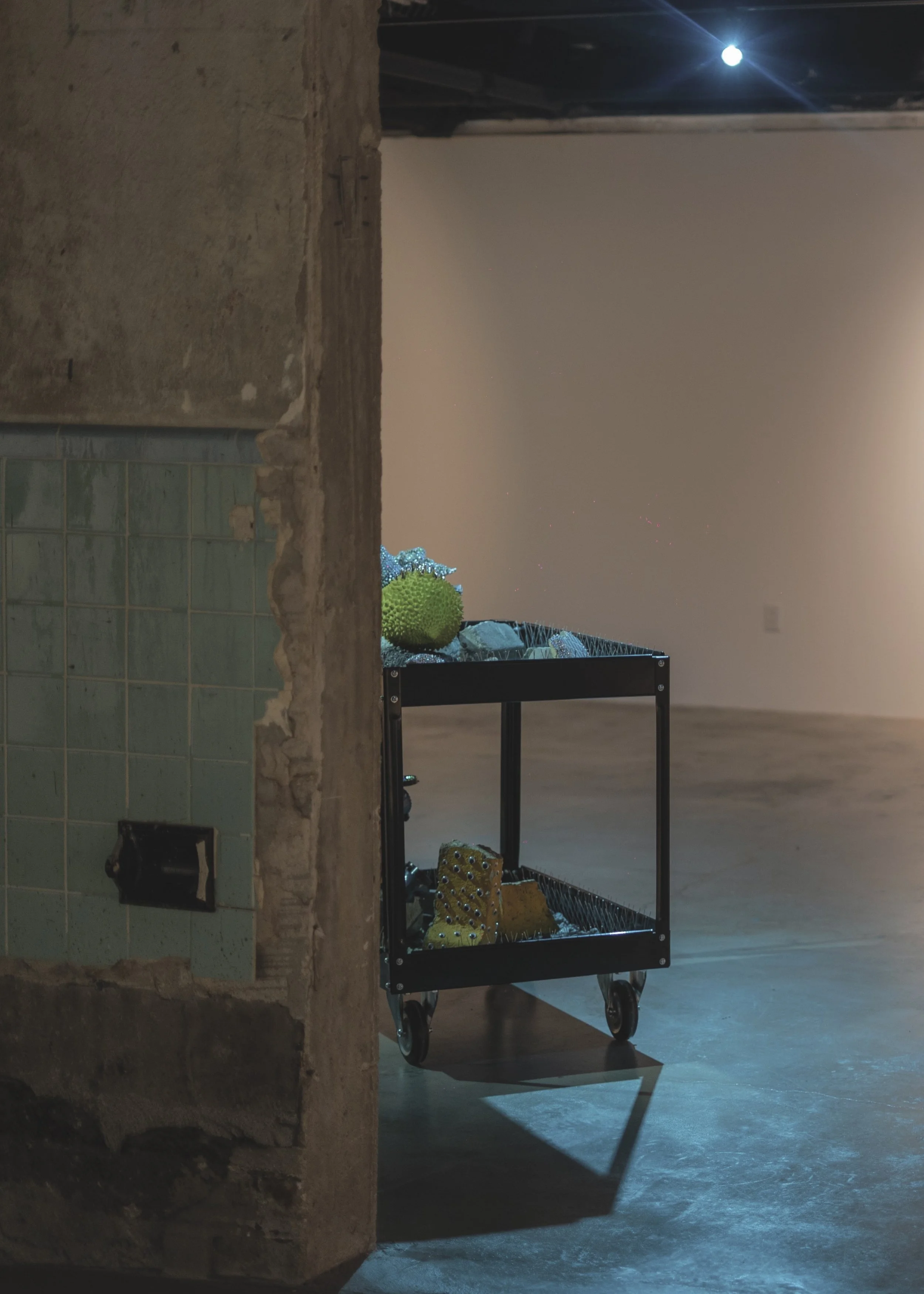 A black metal cart with wheels holding decorative objects, partially visible on the right side of the image, in an unfinished room with a concrete floor, a white wall, and an exposed ceiling with a bright light fixture.