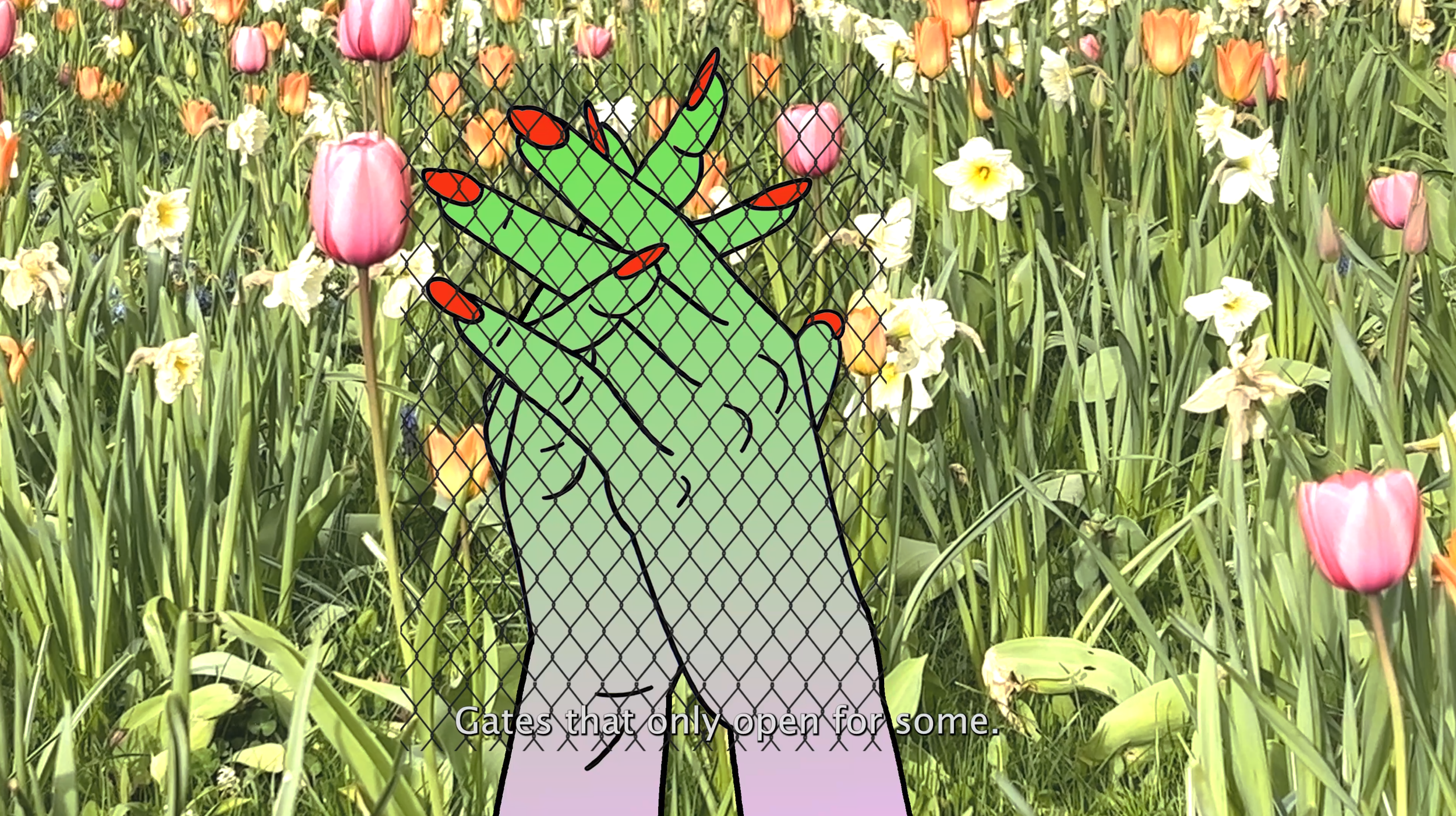Drawing of a person with long hair and long nails with red tips, holding their head in a field of colorful tulips and daffodils, with subtitles that say 'Gates that only open for some.'