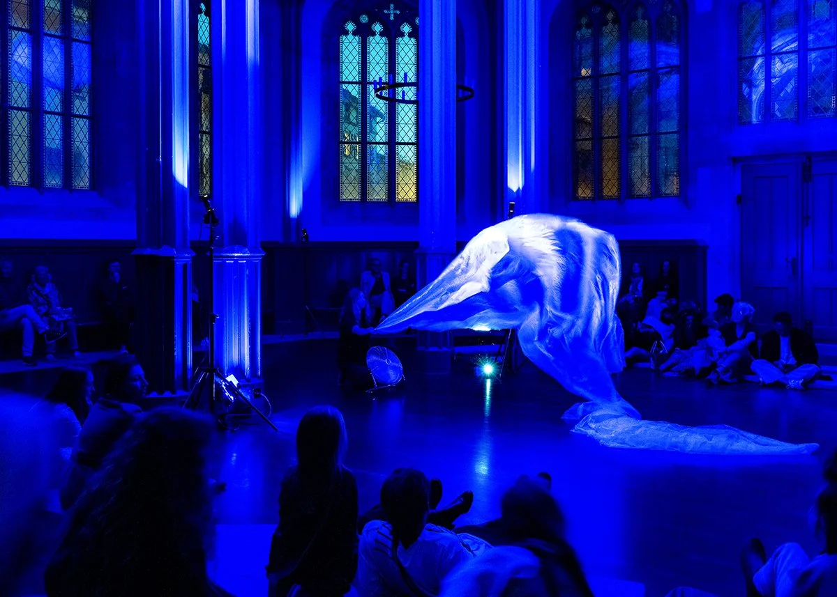 An artistic performance featuring a large white fabric sculpture resembling a whale or similar creature, illuminated in blue light inside a historic church with tall stained-glass windows and arched ceilings, with an audience seated around.