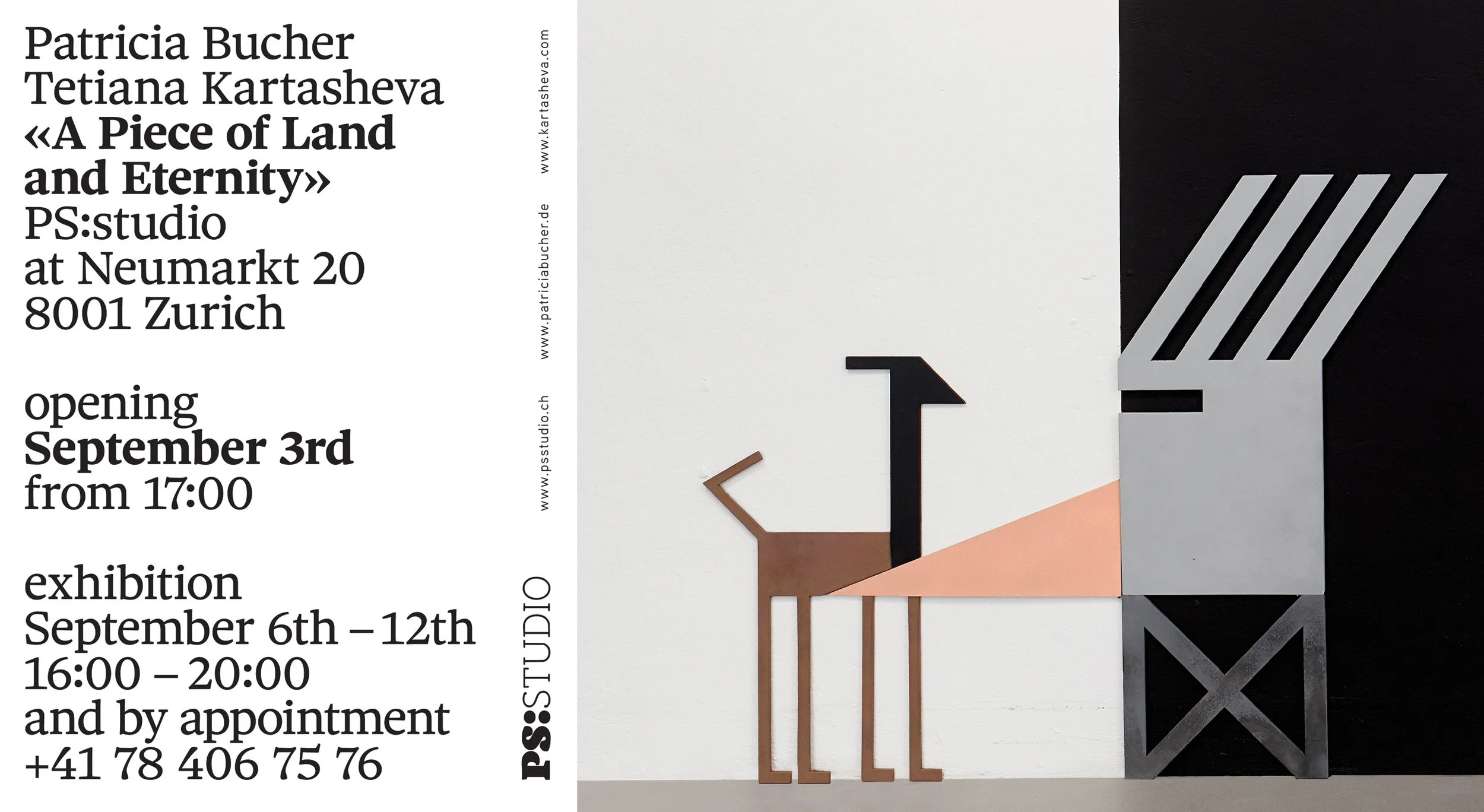 A poster illustrating artwork of a camel made from geometric cutouts and shapes, next to informational text about an art exhibition by Patricia Bucher and Tetiana Kartasheva at PS:studio in Zurich, opening September 3rd, with an exhibition from September 6th to 12th.