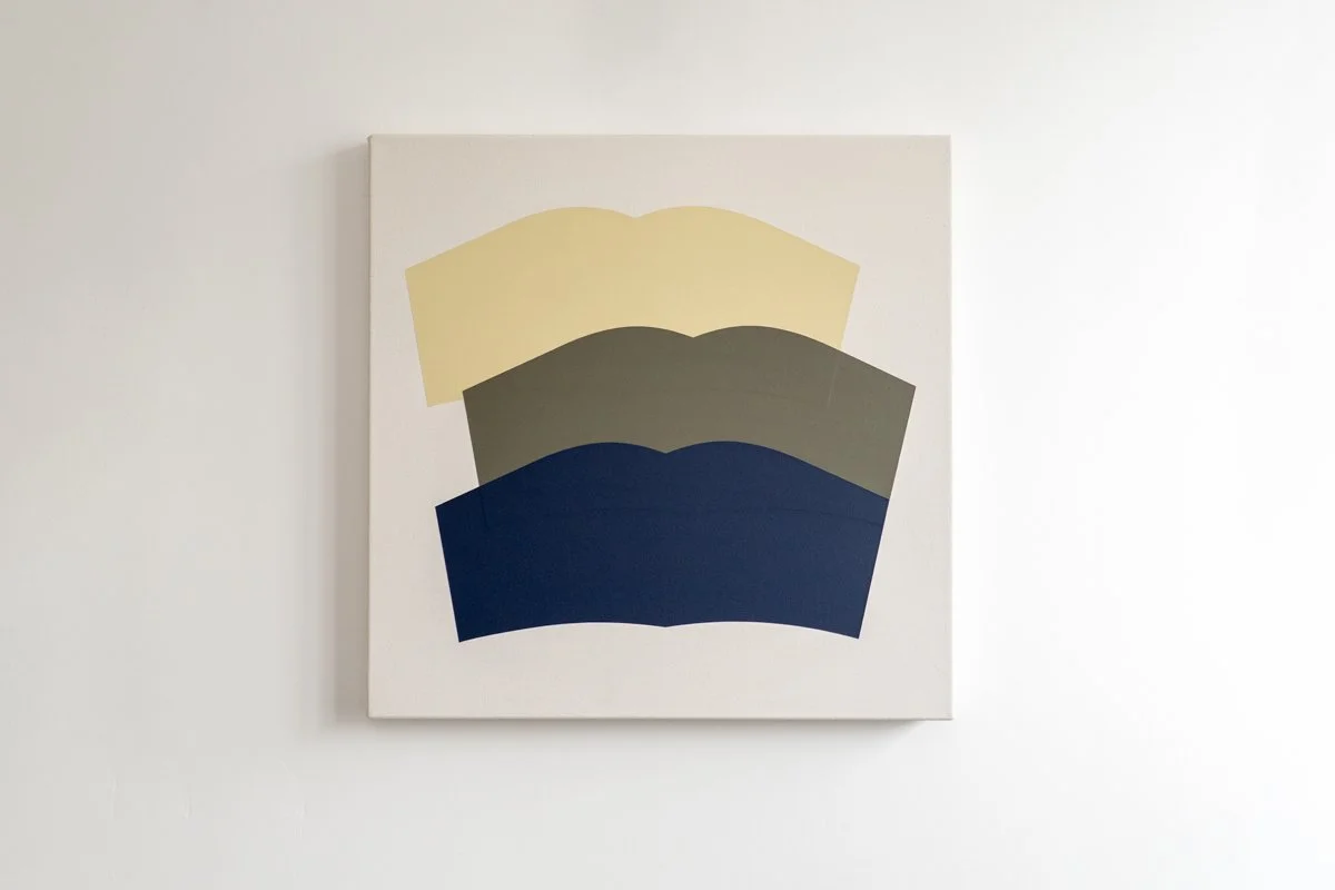 Abstract art piece with three overlapping curved shapes in beige, gray, and navy on a white background.