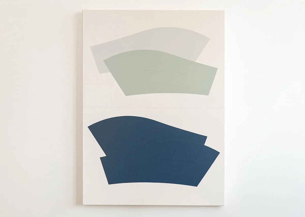 Abstract artwork with two sections; the top with four overlapping arched shapes in shades of gray and green, the bottom with three overlapping arched shapes in shades of blue.