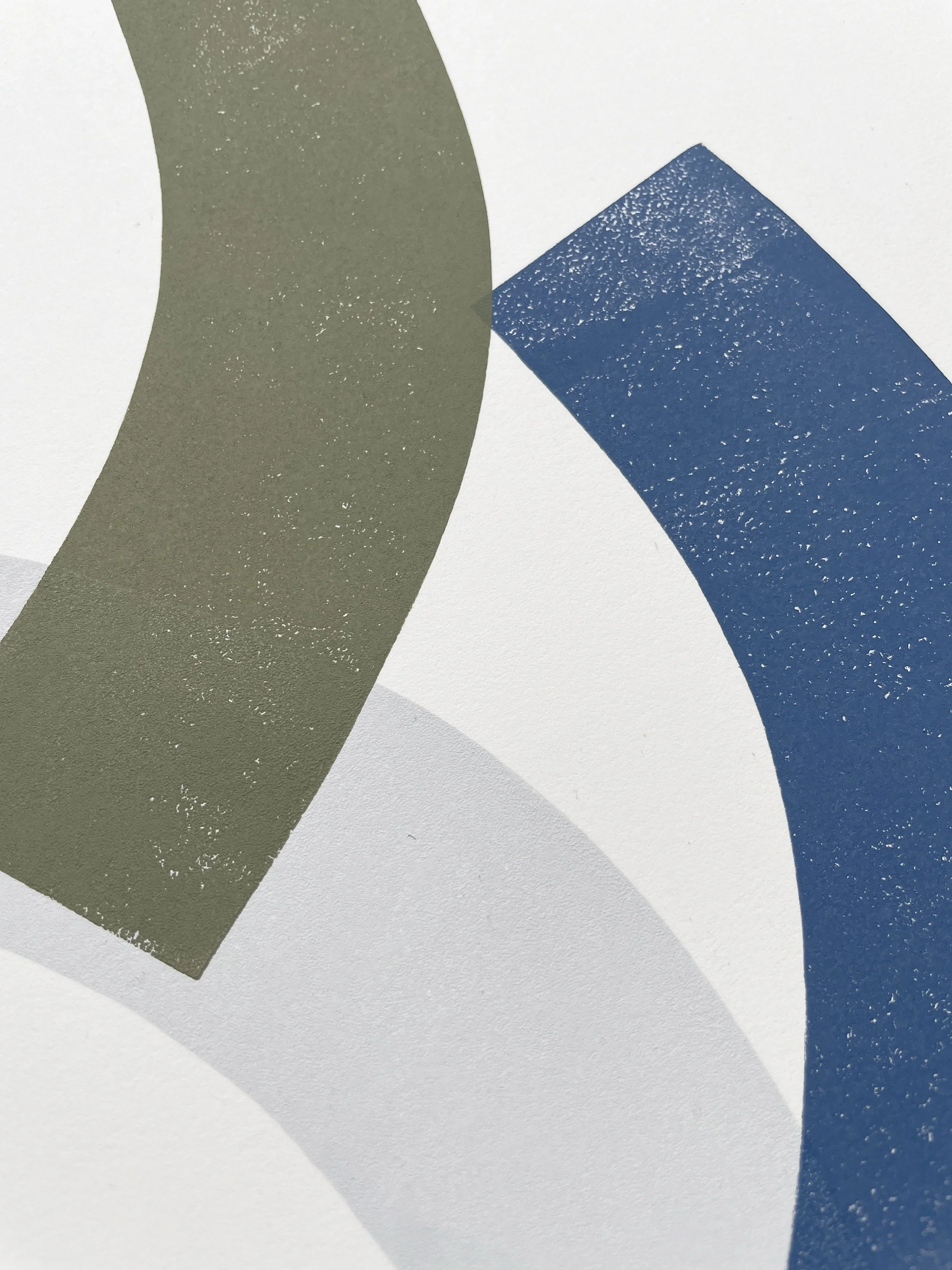 Close-up of an abstract drawing with curved shapes in green, white, gray, and blue.